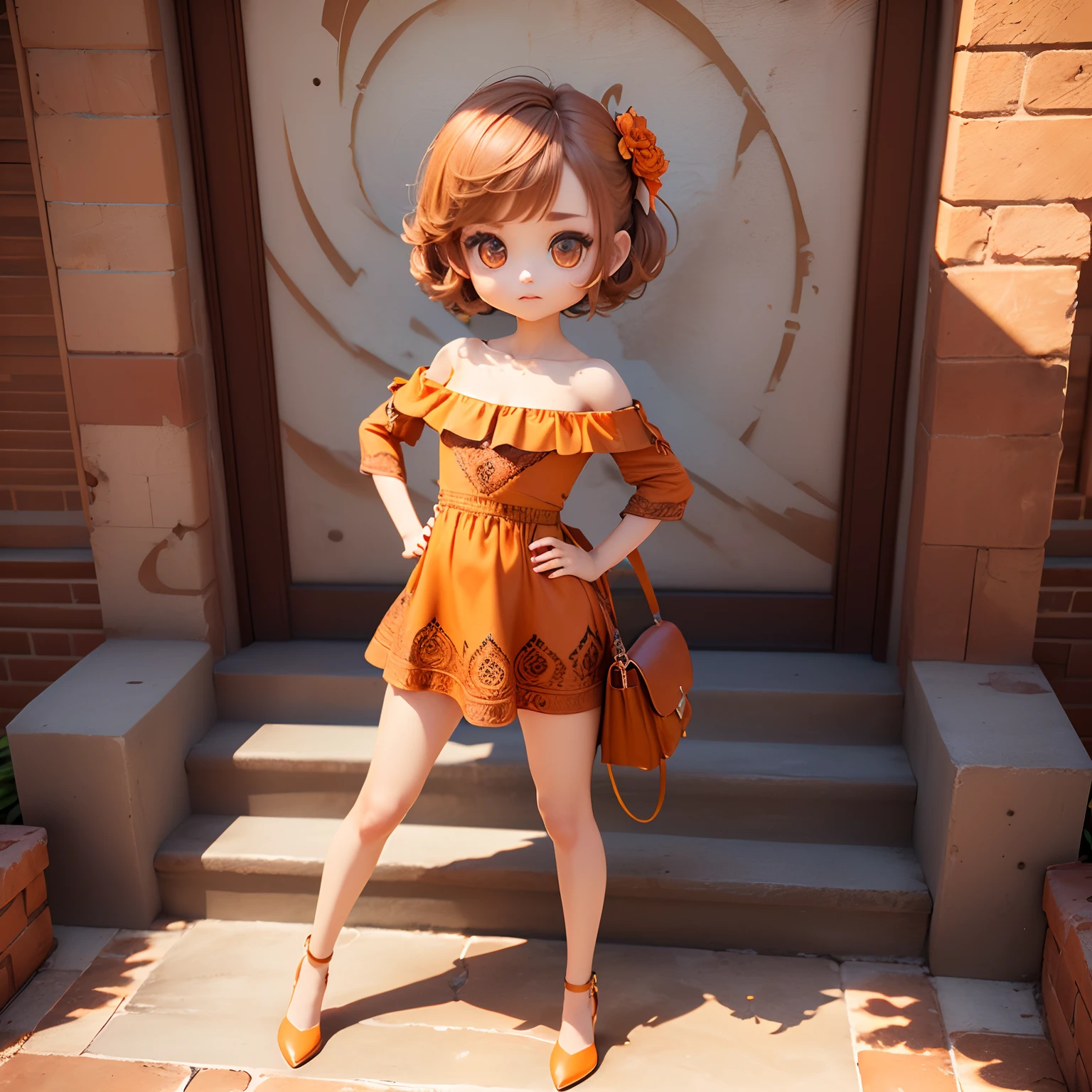 (((chibi3d))) (best quality) (masterprice)(Best Quality）,（masutepiece）、Sauvage Hair、(Henna Brown Jasper Pattern Off Shoulder Dress：1.4）、Put one hand on your hip、Stand with your legs open、Brown Heels、Orange shoulder bag、Long brick staircase、a small face、ite body（Chibi:1.2)