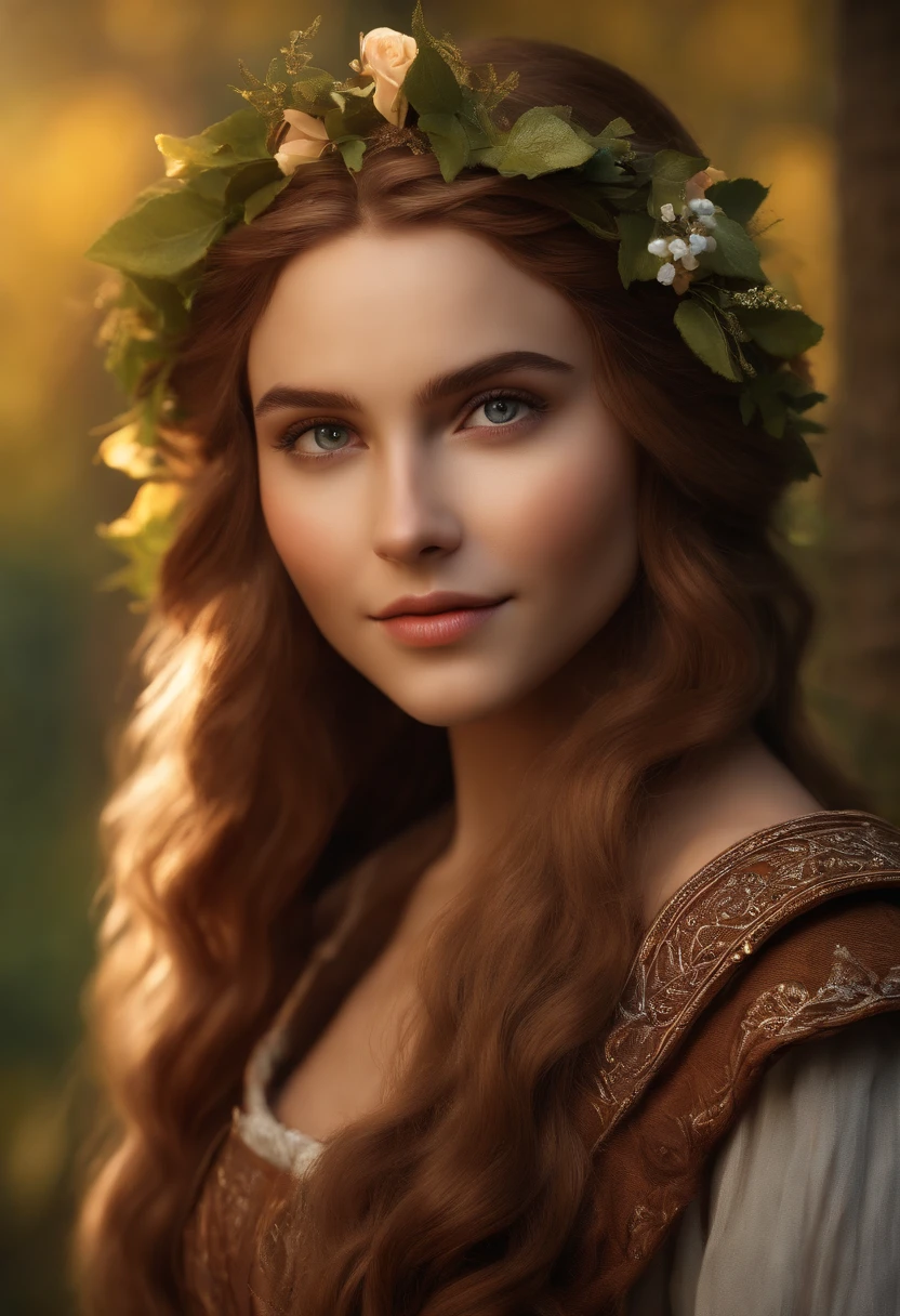 ((Best quality))) (((HD))) (((8K))) (Character) 20-year-old girl, ((Adventurous)) elf, ((Beautiful)) and ((cheerfulness)), ((Brown hair)) and ((Long hair)).
