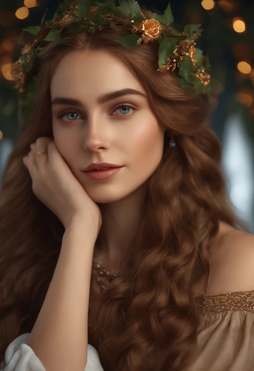 ((Best quality))) (((HD))) (((8K))) (Character) 20-year-old girl, ((Adventurous)) elf, ((Beautiful)) and ((cheerfulness)), ((Brown hair)) and ((Long hair)).