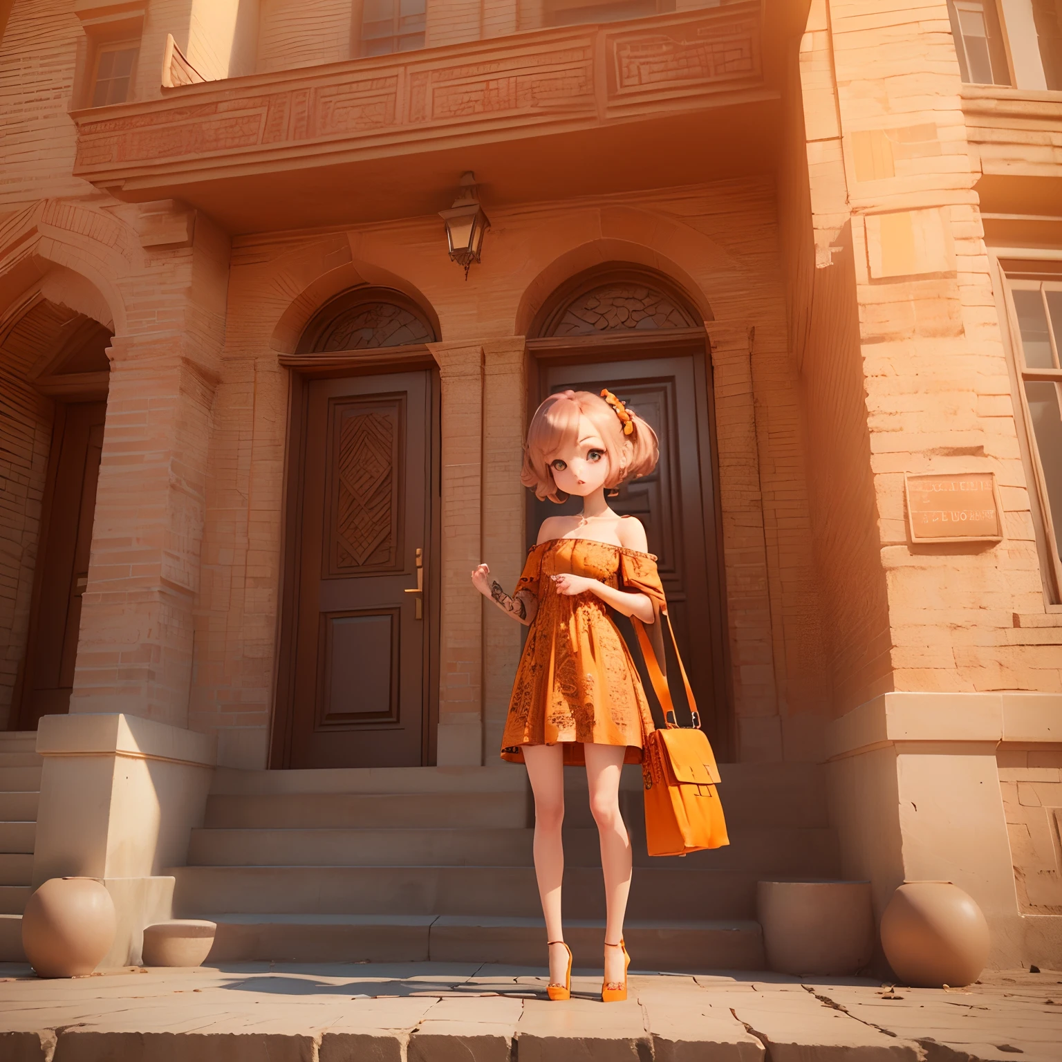 (((chibi3d))) (best quality) (masterprice)(Best Quality）,（masutepiece）、Sauvage Hair、(Henna Brown Jasper Pattern Off Shoulder Dress：1.4）、Put one hand on your hip、Stand with your legs open、Brown Heels、Orange shoulder bag、Long brick staircase、a small face、petite body（Chibi:1.2)