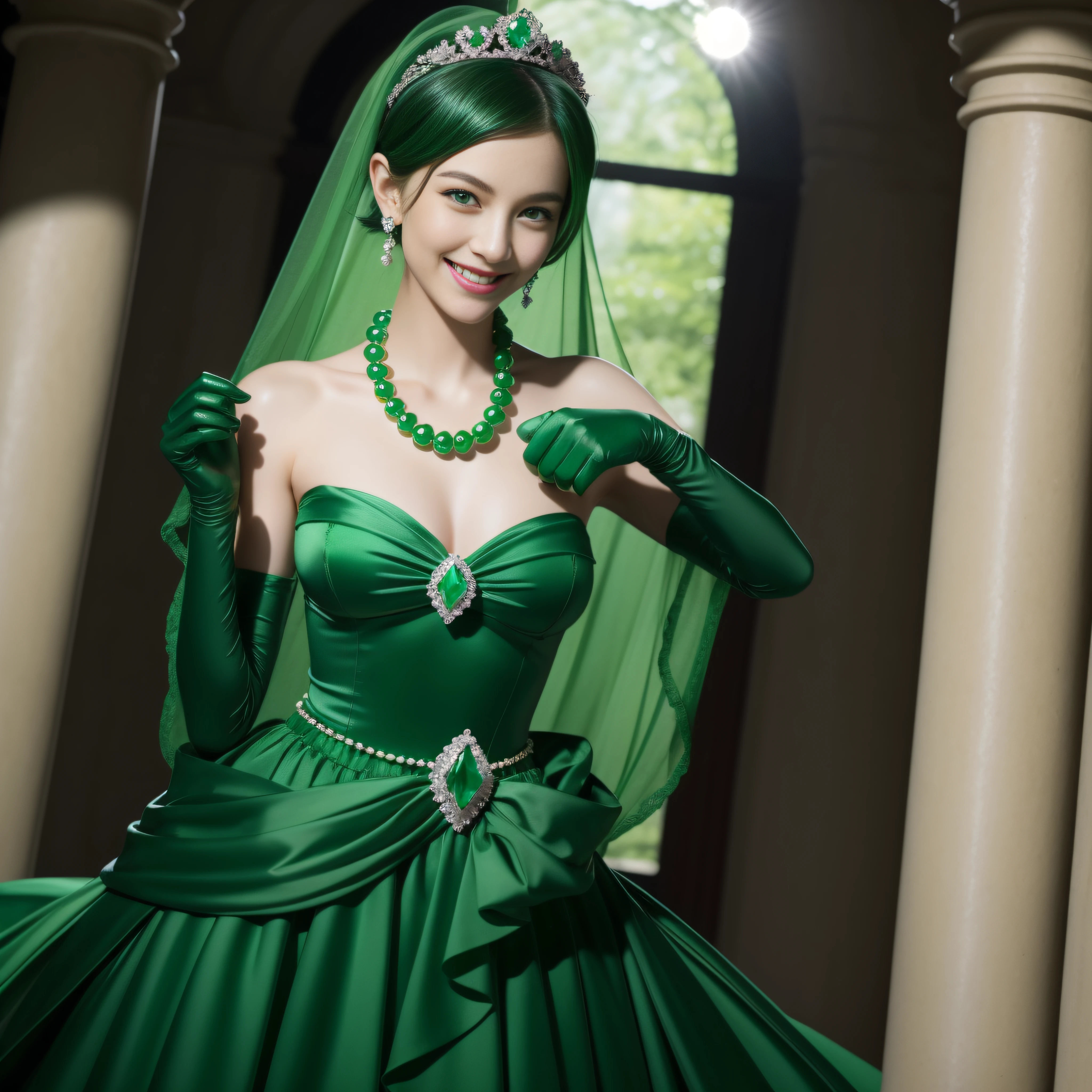 emerald tiara, Green Pearl Necklace, Boyish very short black hair, lipsticks, Japan woman smiling, very short short hair, big breasts beautiful, Green eyes, Long green gloves made of satin material, Green eyes, Emerald Earrings