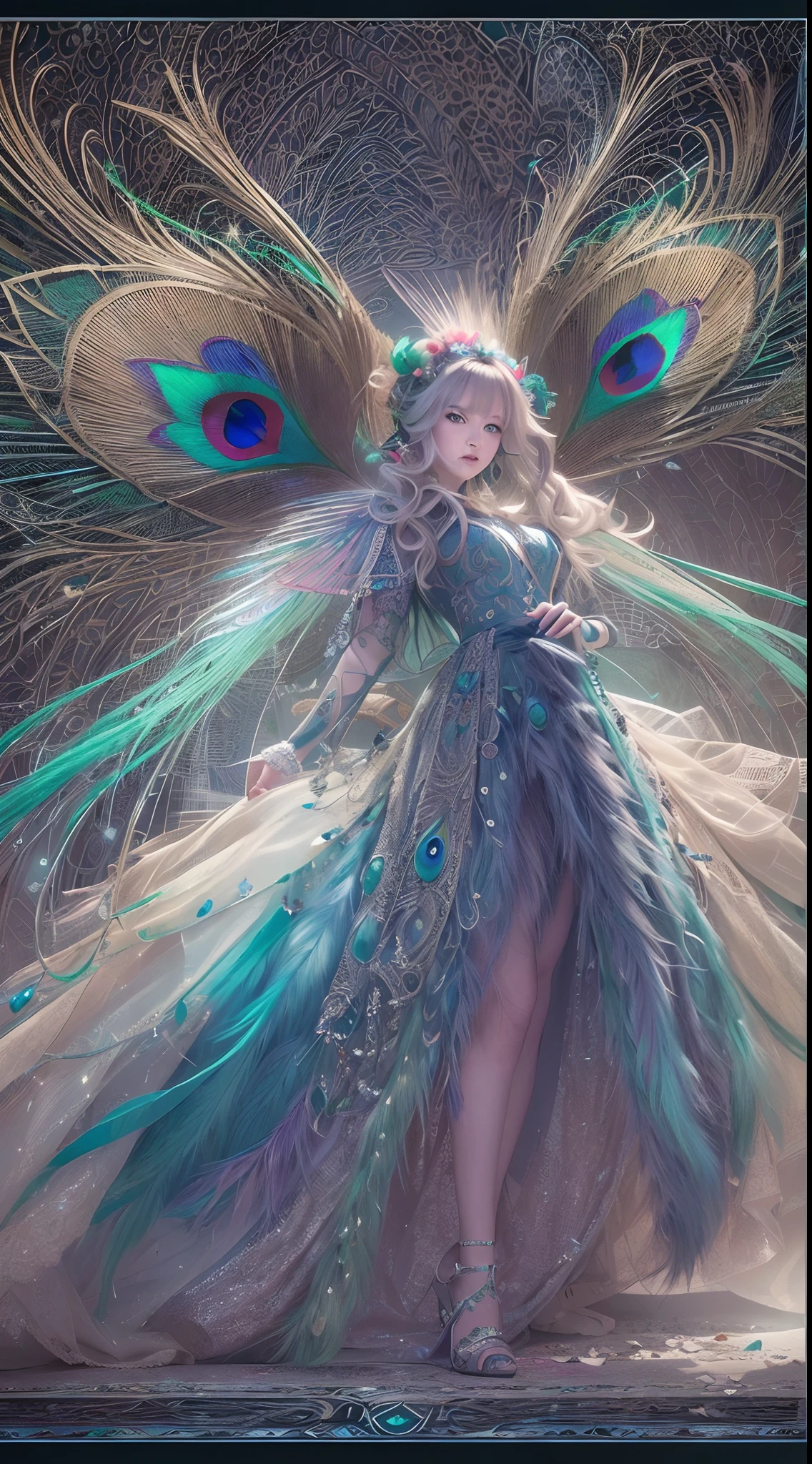 (Dynamic Angle:1.4), ((Pose all over the body:1.5), (Colorful:1.2), (Extremely detailed CG Unity 16k wallpaper:1.1), (Noise Removal Strength: 1.45), (tmasterpiece:1.37), ((offcial art)), Top quality, the wallpaper, Original, (1girll:1.35), (Solo), full bodyesbian, Dynamic, Blue eyes, Detailed eyes, Peacock wings, (Long hair), colored tips, Colored inner hair, jewelry, Intricate filigree, Feathers on dresses, voluminetric lighting, Tyndall effect, Peacock feathers, Halo, (Masterpiece:1.35) [Peacock feather gorgeous dress:(Peacock feathers):0.85], (illustration), (Depth of field), Chiaroscuro, Cinematic lighting, color difference, Sparkle, Ray tracing, blend, Ultra-wide angle, f/1.8, hasselblatt, Sony FE GM,