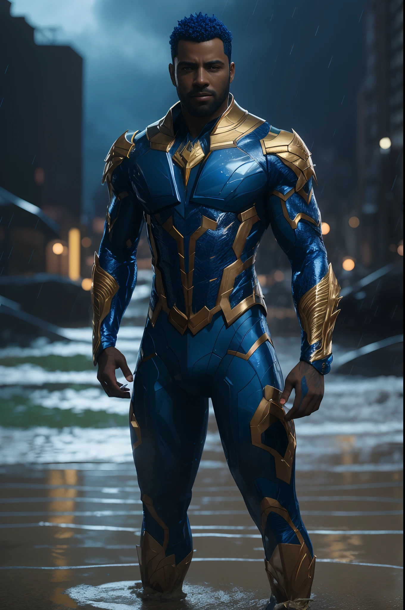 Arafed man in a blue and gold suit standing in the rain, 8 k cg render, cinematic blue and gold, 8 k arte conceitual de alto detalhe, terno dourado azul, Trending in ArtStation 4K, cinematic full shot, 3 d render arte do caractere 8 k, 8k octae renderizar foto, 8k render", estilo fantasia 8 k octane render