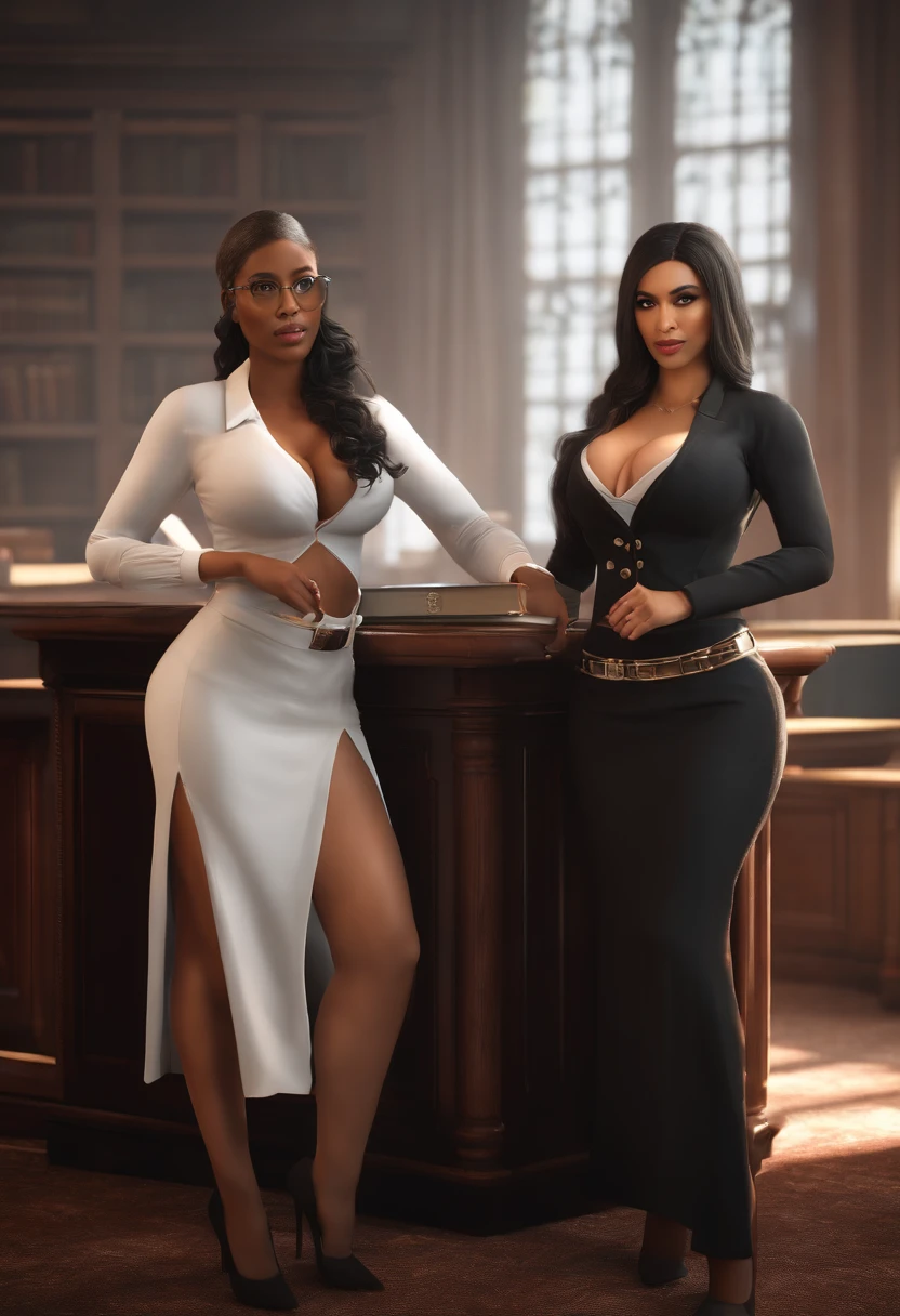 In courtroom, Two Sexy Lawyers with hijab, Cardi B and Nicki Minaj as Azur Lane Waifu lawyers, realistic, classy business skirt, black blazer, white dress shirt, tight skirt, reading at her desk, in library, busty, cleavage, perfect hands perfect fingers perfect breasts perfect fit perfect body perfect face perfect image realism detailed background detailed outfit micro bikini, shirt unbuttoned, lewd librarian, hyperrealism, photorealistic, unreal engine, 3dcg, octane render, 8k highest resolution highly detailed, sweaterdress, professional, breasts about to burst out of her clothing, Matrix style, Final Fantasy 14 style, super thick, small waists, gigantic breasts areola protruding areolas indentation breasts swinging freely breasts unleashed baby oil on breasts