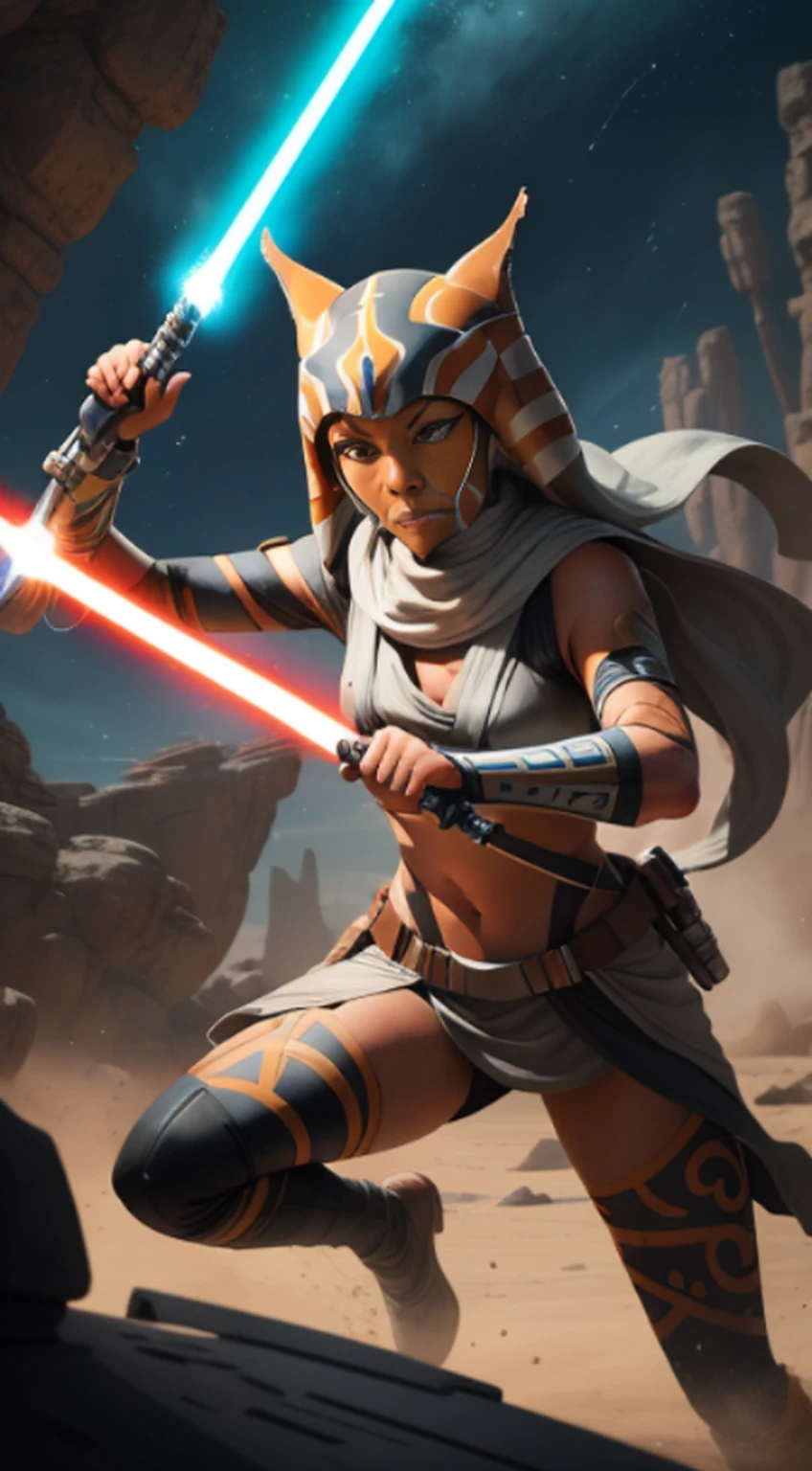 "Create a stunning illustration of Ahsoka Tano in action, with his characteristic white lightsaber and lekkus (tentacles) riding your Jedi prowess in an epic battle arena. Be sure to capture her essence and unique facial expression as she faces a challenge in the Star Wars universe."