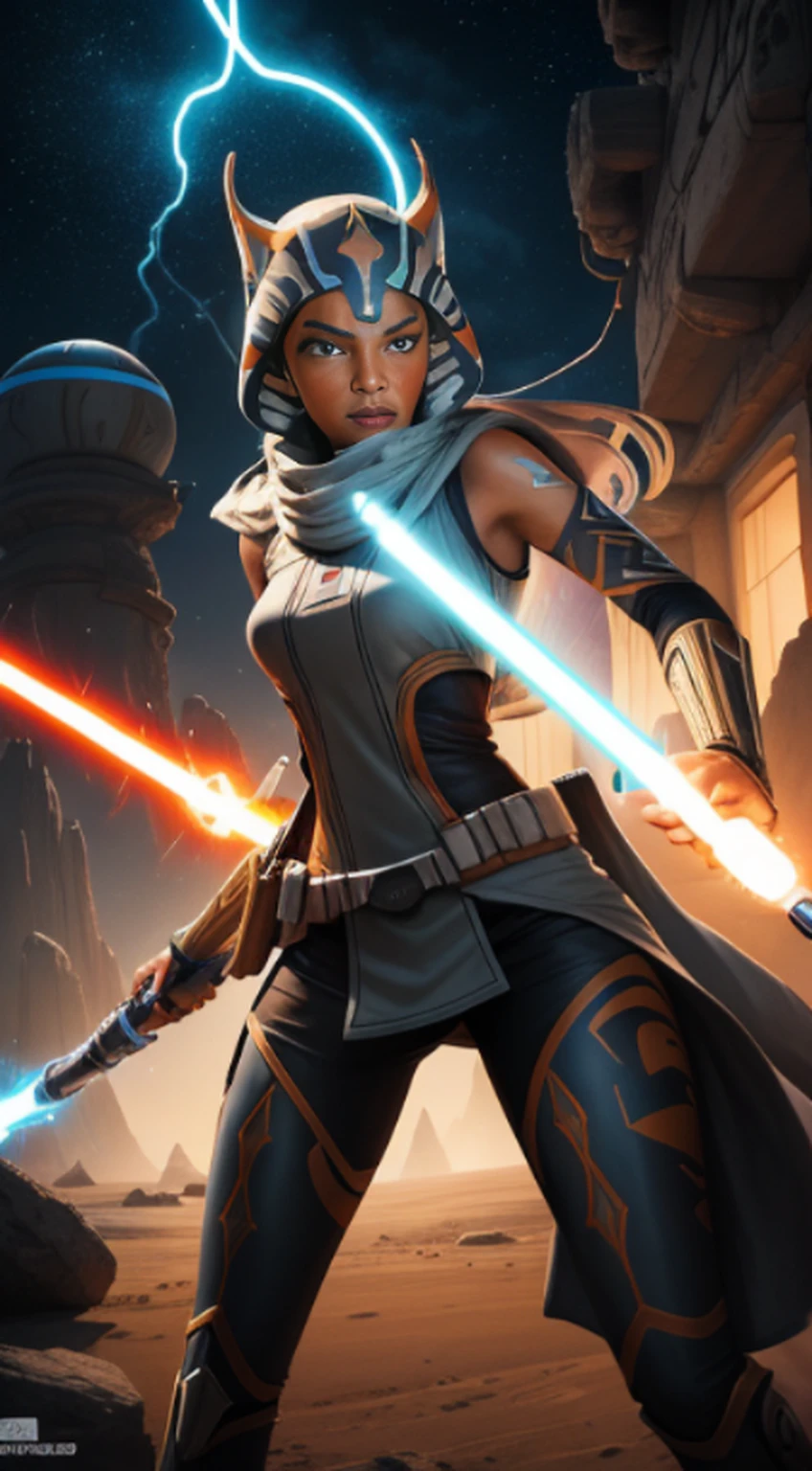 masterpiece, extremely high details, (best quality: 1.2), absurd, photorealistic, realistic, hyperdetailed, ray tracing, high resolution, sharp focus, 8k, vibrant, intricate, sharpness and clarity, realistic, hiper_realismo, afro futurism, queen, 1girl, young black, braided hair, thin, waist wide, full breasts, dressed as jedi mast, wet, lightsaber, peace, blurred background, galaxy, nebula, droids destroyed. --auto --s2