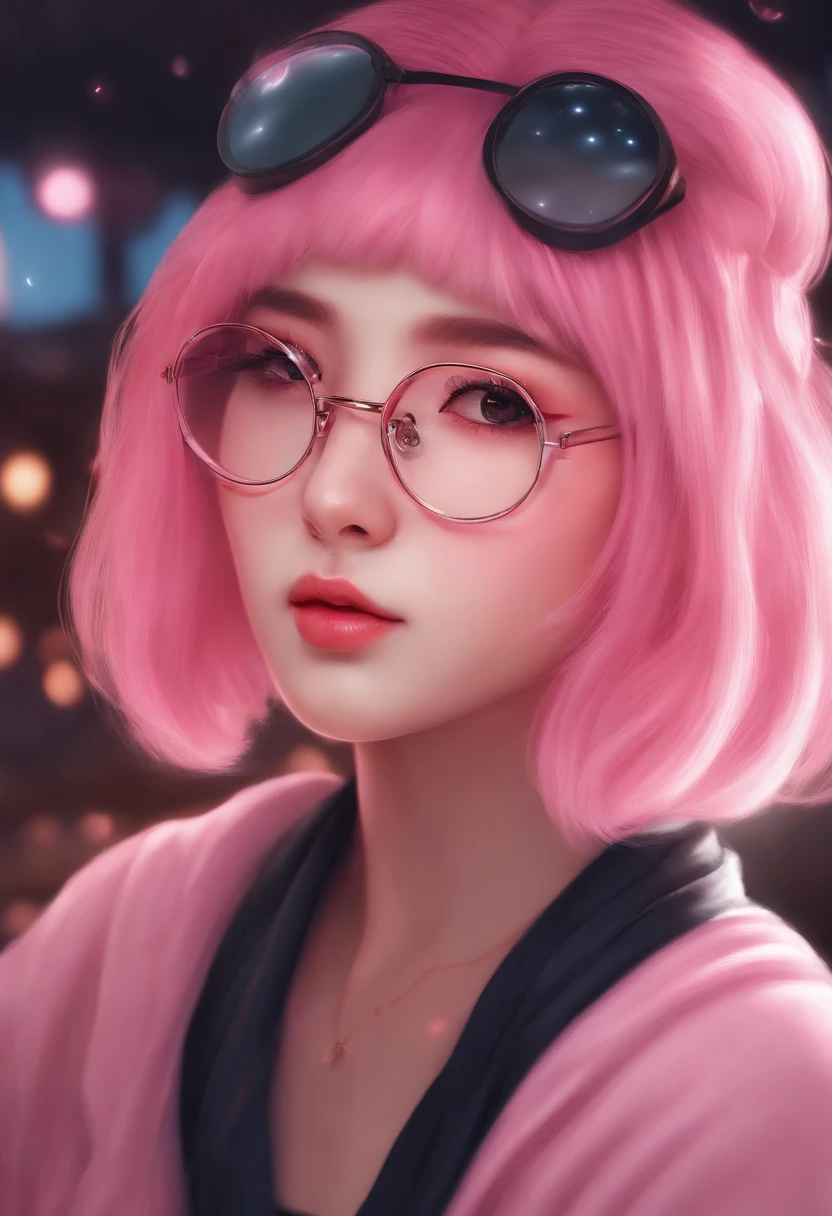 Close-up of a woman with pink hair wearing glasses, Guviz-style artwork, Guvez, Kawaii realistic portrait, Inspired by Makoto-kun, Glowing pink face, Pink girl, a beautiful anime portrait, Pink glasses, Glowing pink eyes, Realistic anime 3 D style, Yanjun City, Realistic anime art style, ((Pink)8K