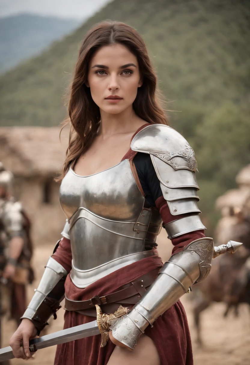 top-quality、Beautiful Italian woman、full body Esbian、Female knight、bikini-armor、Fantasia、holds a sword、Magnificent view、Medium Hair、spartan female