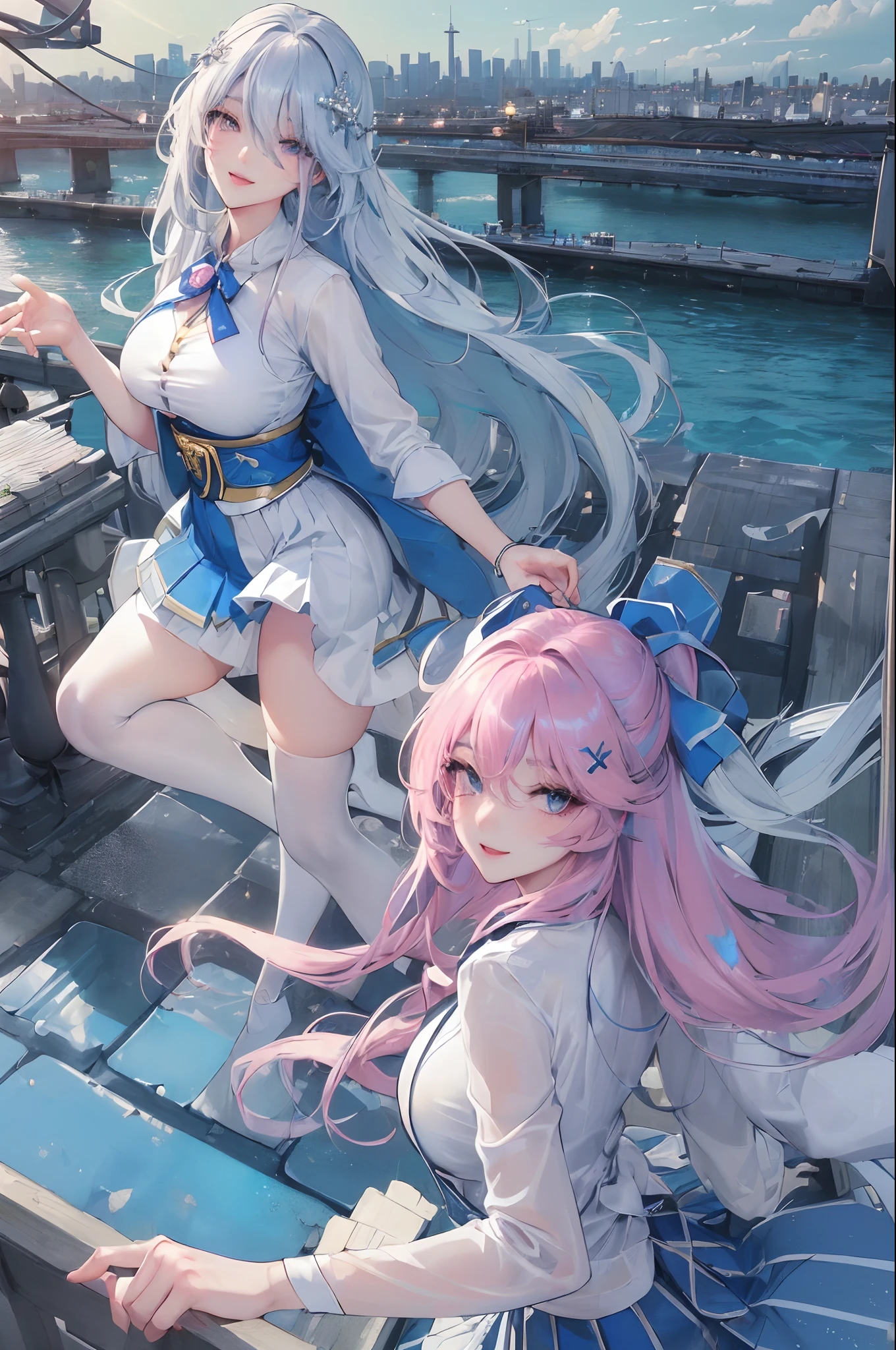 official art, masterpiece, sharp focus, (beautiful gorgeous cute Korean woman:1.3), (beautiful cute korean:1.3), korean beauty, Delicate and beautiful hair and eyes and face, realistic, ultra detailed, beautiful girl, blue sky, glow white particle, (sidelighting:1.2), sun light, white cloud, detailed clouds, slender, Lovely very large breasts and very large hips, smile with teeth, ((smile with eyes, open both eyes)), scenery, long straight hair, sexy facial expression, building, (cityscape:1.7), dynamic hair, long straight hair, detailed platinum pink hair, glow blue eyes, (blue pleated shirts + white skirt), white long socks, pale skin, hair ornament, epic scenery,