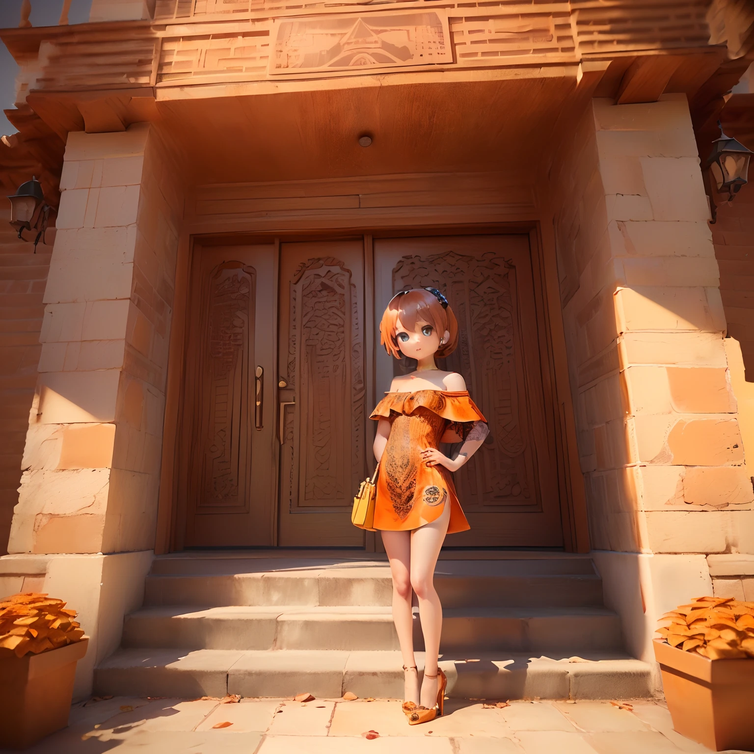 (((chibi 3d))) (Best Quality) (Master Price)(Best Quality),(masutepiece)、Sauvage Hair、(Henna Brown Jasper Pattern Off Shoulder Dress:1.4)、Put one hand on your hip、Stand with your legs open、Brown Heels、Orange shoulder bag、Long brick staircase、a small face、petite body(Chibi:1.4)
