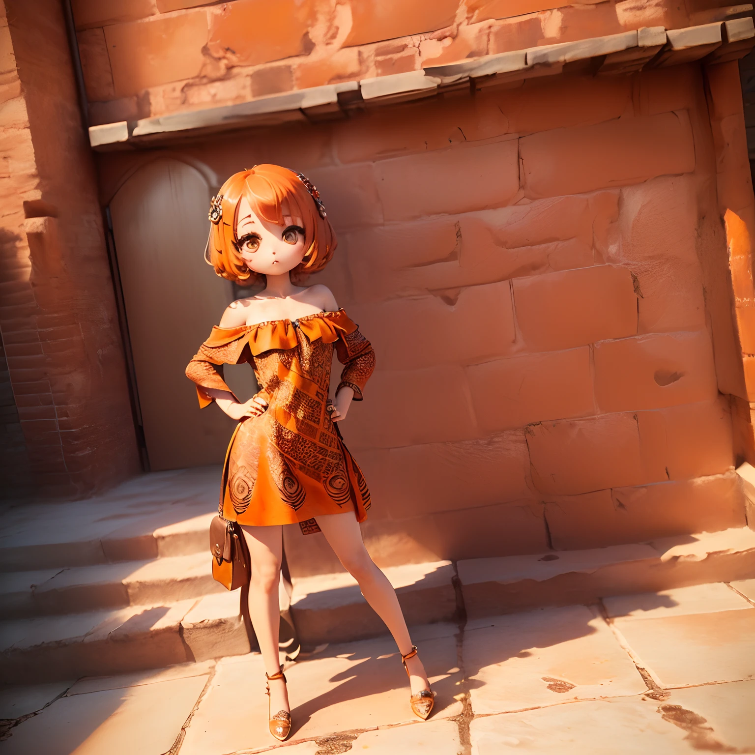 (((chibi 3d))) (Best Quality) (Master Price)(Best Quality）,（masutepiece）、Sauvage Hair、(Henna Brown Jasper Pattern Off Shoulder Dress：1.4）、Put one hand on your hip、Stand with your legs open、Brown Heels、Orange shoulder bag、Long brick staircase、a small face、ite body（Chibi:1.4)