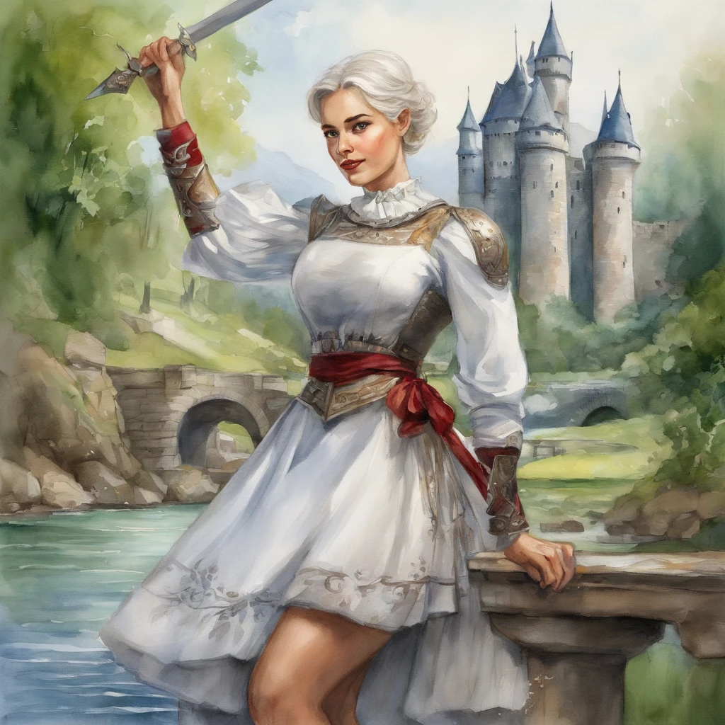 masterpiece, best quality, illustration, fighting pose, 1girl, noelle genshin impact, short silver hair, green eyes, maid skirt with red side parts, maid knight, maid knight armor, castle bridge, water,