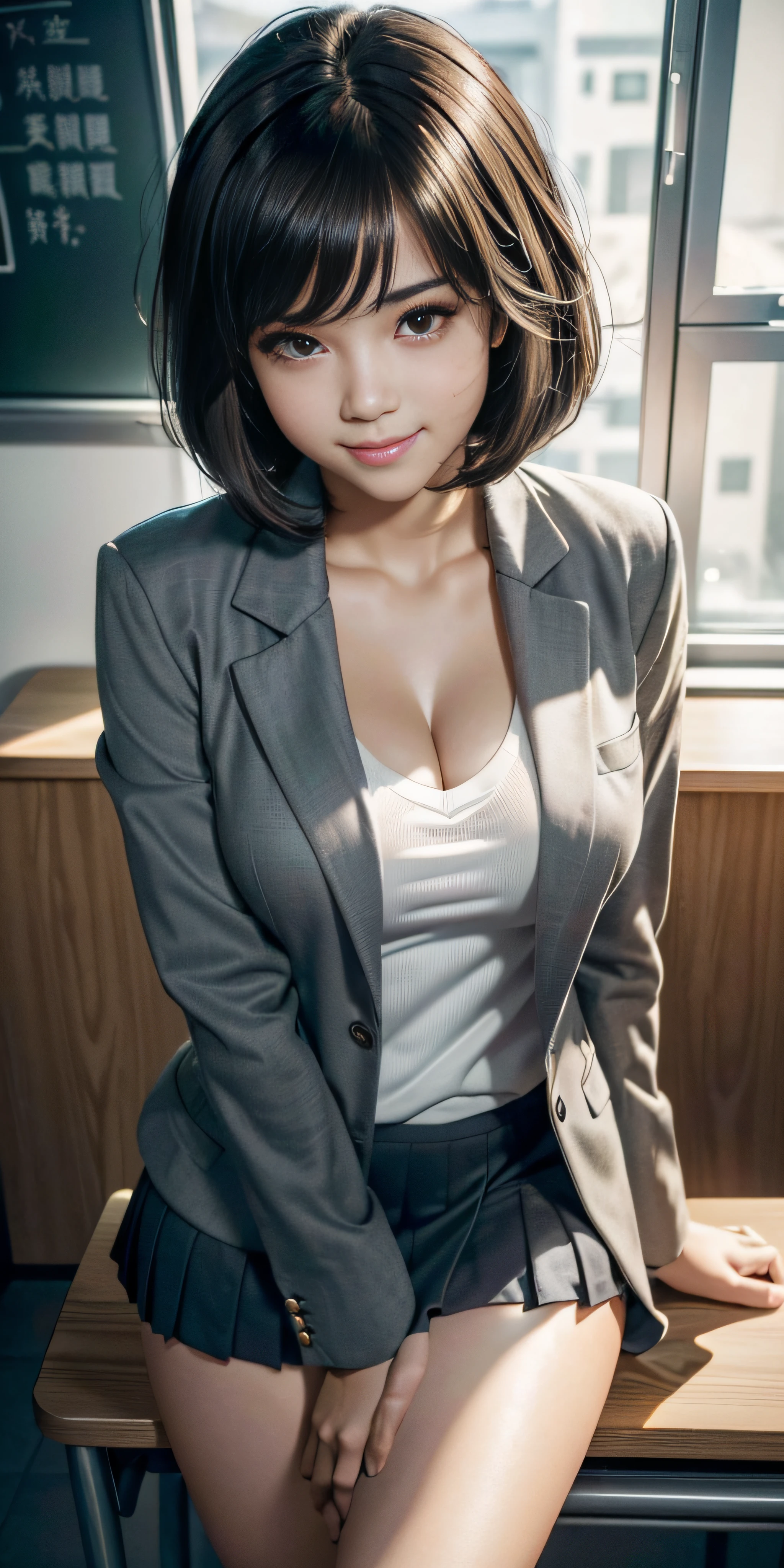 anime big breast, Realistic female anime style, (aegyo sal: 1), 18 years old girl, (grey blazer, tape, Fold the miniskirt, sockes, Private school uniforms: 1.2), Junior High School Classroom, The details in the eyes are beautiful, (eye size: 3/4) light in face, ((fully body photo: 1.2)), especially strong light, (Upper Eye, Smiling smile: 1.2), glowy skin, (((brunette color hair, Cabello Bob: 1.2))), (Thigh thick), ulzang-6500-v1.1: 0.2, bashful, (Flash: 1.2), NSFW , (swollen), ((tempting pose: 1.2, attractiveness: 1.2)), (invalid), (sitting at a desk in classroom: 1.2)), ((Good anatomy: 1.2)), ((Bright and refreshing classroom, The background is blurred out: 1.2)), s the perfect face, Cute and symmetrical face, (high-angle shot: 1.2)S., Natural side lighting, ((8K, photo RAW, SuperiorQuality, tmasterpiece), HD RAW color photo professional close-up Photograph, (realisticlying, rendering: 1.37), (Highest quality), (better shade), (Most Best Illustration), 鎖骨 ((The large)), ((Erotic, Sexy, 超高分辨率, 8K HD unified CG wallpaper, Physical representation, Movie lighting), Canon EOS R50 camera 50mm lens