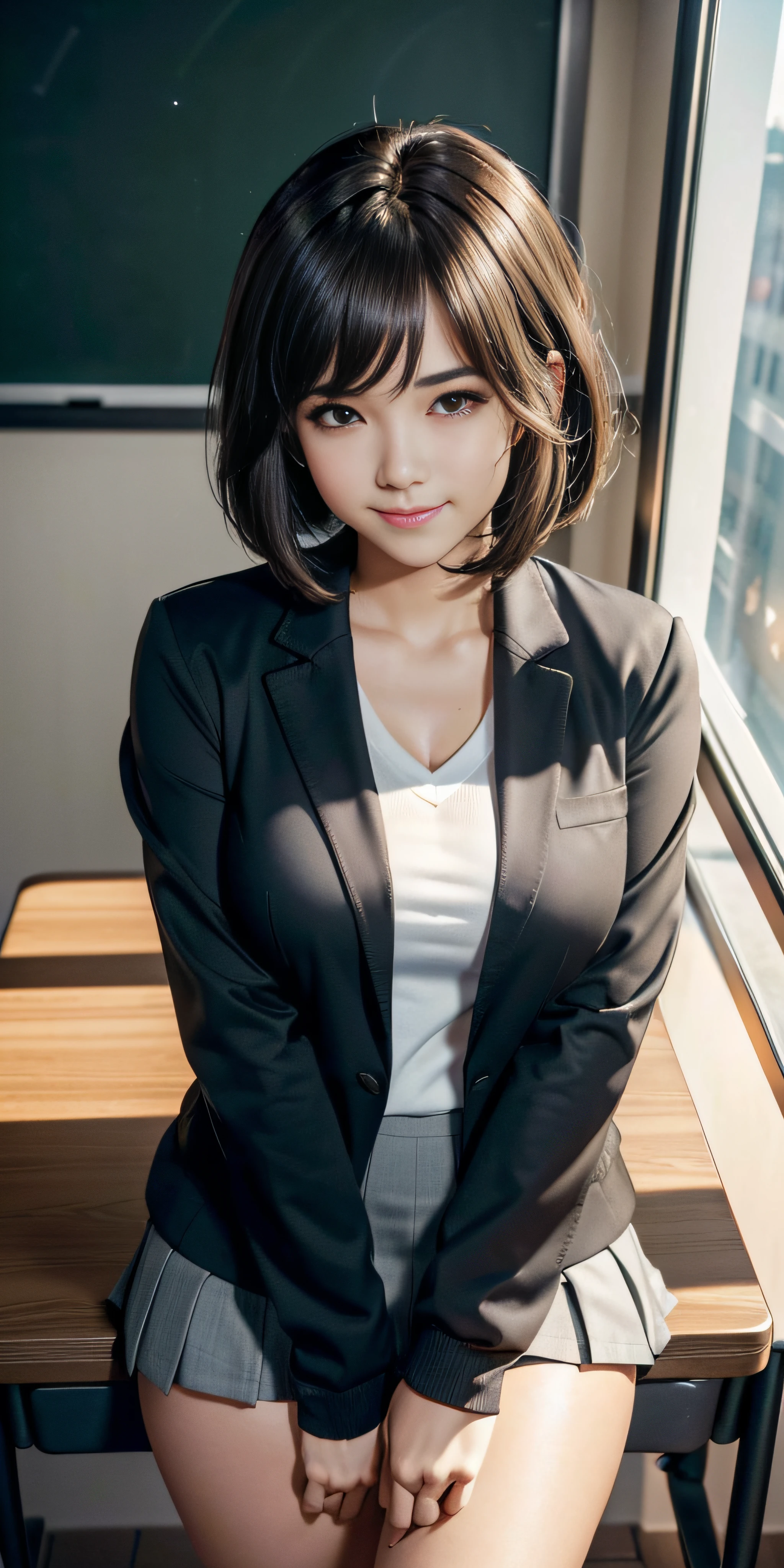 (Masterpiece:1.2), (Best quality), (Full body like:1.3) ,(Ultra detailed), (8K, Intricate), (Lens 135mm,F1.8), (Photorealistic)(Black background:1.3), Portrait photography,(dynamicposes),Side lighting,Edges are lit,Best shadow,Area light source,Perfect anatomy,Perfect face shape,Perfect for women,First-class female body,Refines skin texture,Fine cloth pattern,Meticulous beauty,Delicate and delicate skin,highlydetailed skin,paleskin,Delicate hair,glistning skin,top Quority, realisticlying, 8K, k hd, 1 rapariga, Female pervert, (Full body like:1.3), schools,痴女, blazer jacket, 校服,Visible nipple, with no underpants, The skirt is boldly pulled up, ((sit on chair,legs are open)), bend the knees and open the legs, The hairstyle is slightly shorter, Open your legs by grasping your knees with your hands, Buttoned shirt flutters