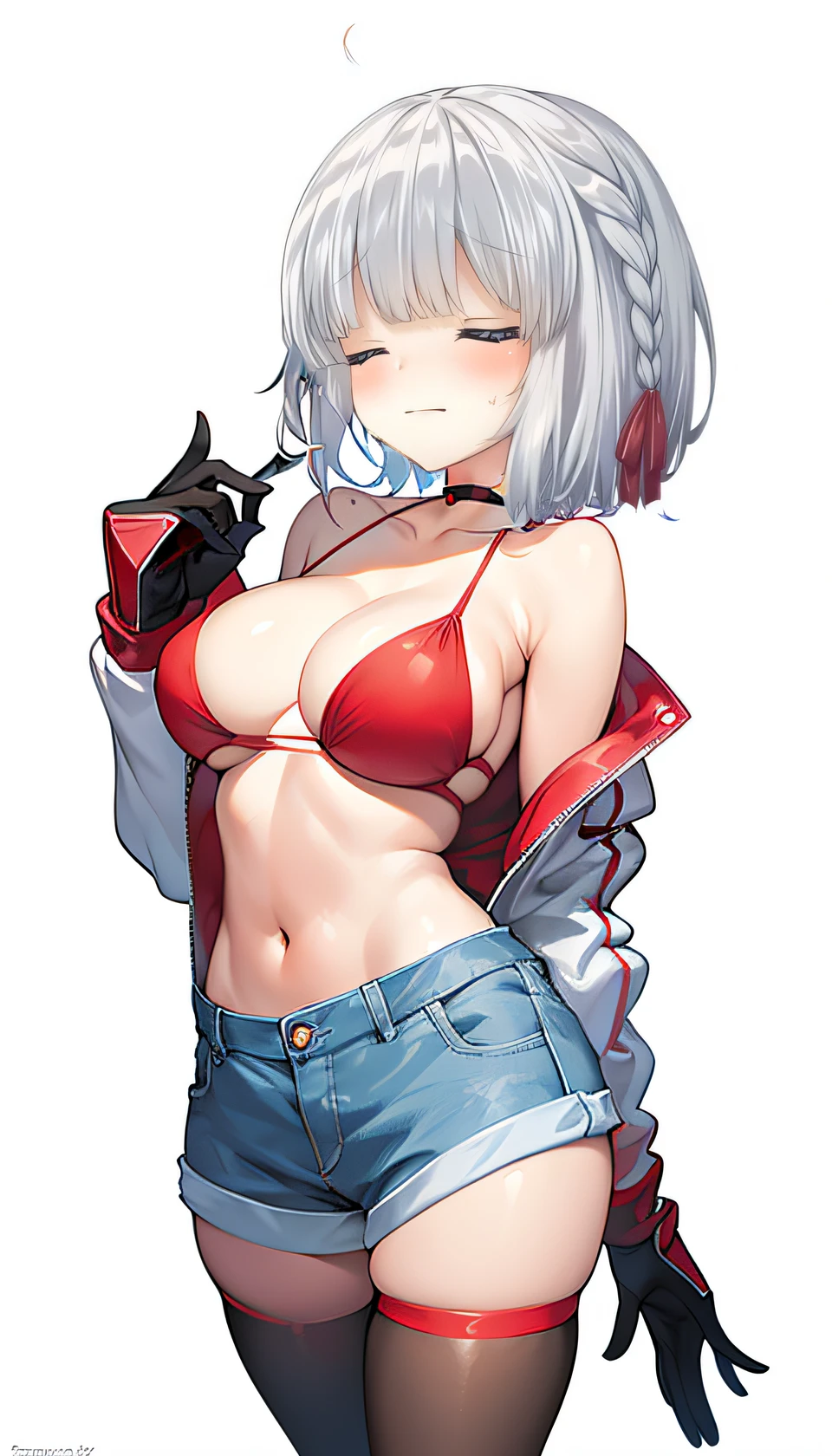 Red bikini、Colossal tits、(((masterpiece)))、(top-quality)、tre anatomically correct、(Best Quality:1.3), Large breasts, cleavage, shinny skin、silber hair、Soft skin、shorth hair、an anime girl、Bare arms、bared legs、a choker、parka、Put your arms together、Bring your chest together、short-haired