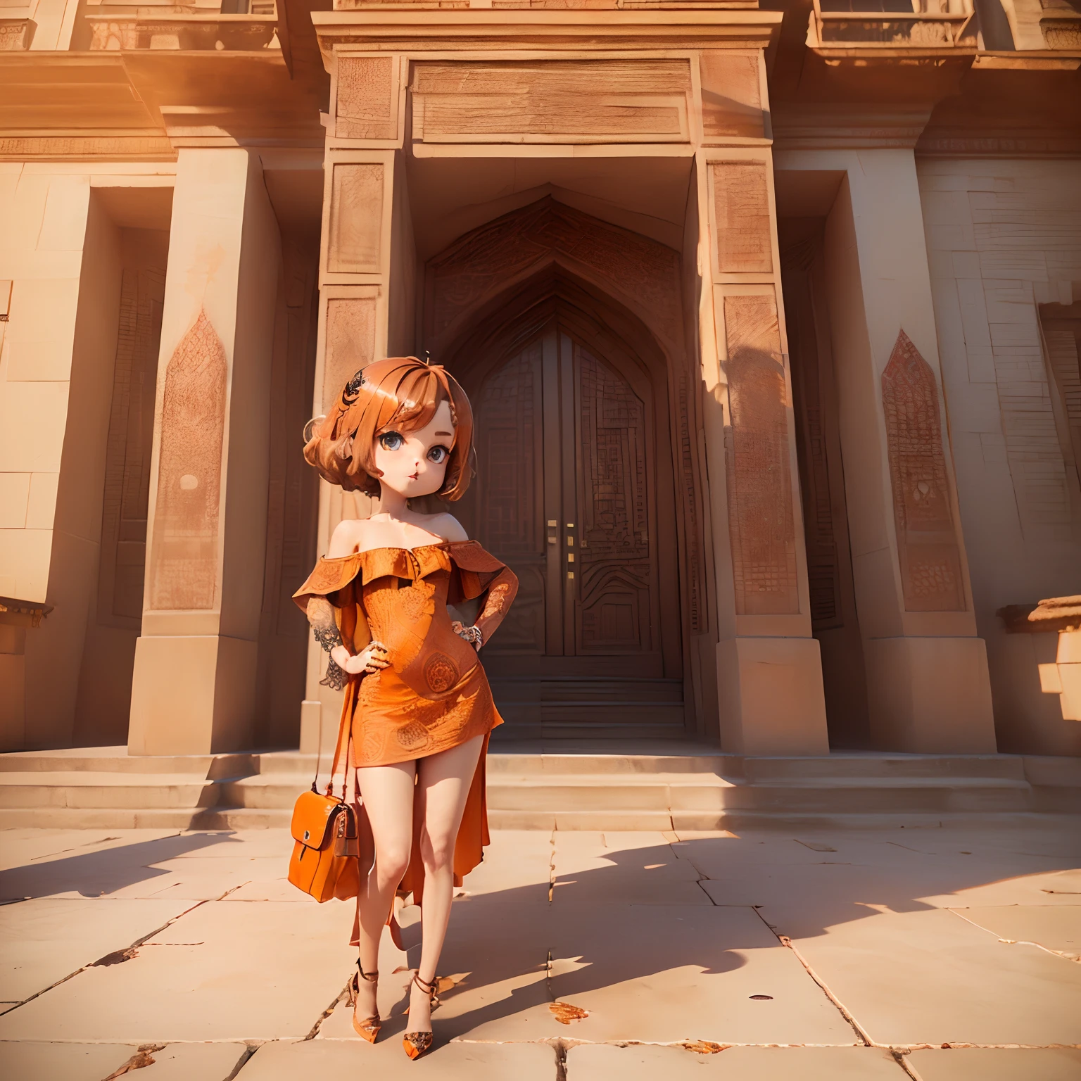 (((Chibi 3D))) (Best Quality) (Master Price)(Best Quality）,（masutepiece）、Sauvage Hair、(Henna Brown Jasper Pattern Off Shoulder Dress：1.4）、Put one hand on your hip、Stand with your legs open、Brown Heels、Orange shoulder bag、Long brick staircase、a small face、petite body（Chibi:1.4)