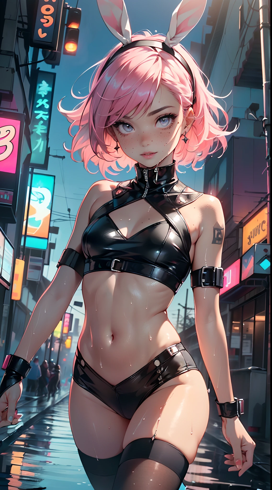 cute little bunny loli,(((little loli,small tiny body,petite, chibi))),(((6 ))),((little bunny loli with extremely cute and beautiful fuchsia hair)),(((bunny girl,anthro furry cute,bunny-girl))),(((bunny ears,bunny ears on head,big bunny ears))),
(((flat chest))),(((fuchsia hair:1.35,short fuchsia hair,colored inner hair,ear breathing,))),(((neon_fuchsia_eyes1.3))),intricate eyes,beautiful detailed eyes,symmetrical eyes,big eyes:1.5,(((freckles on the face,freckles,freckled girl))),(((lustrous skin:1.5,bright skin: 1.5,skin tanned,shiny skin,very shiny skin,shiny body,plastic glitter skin,exaggerated shiny skin,illuminated skin,wet legs))),(detailed body,(detailed face)),
cute,slutty,erotic,(((nsfw))),
zettai ryouiki,revealing clothing,show skin,((rave shirt,neon colored shirt,rave mini-skirt,visible thong straps)),(wearing a rave outfit:1.3,rave clothes,semi-naked,with little clothing),((wet clothes,intricate outfit,intricate clothes)),
(dynamic pose:1.0),solo focus,embarrassed,(centered,scale to fit dimensions,Rule of thirds),
cyberpunk city by the ocean at night, with bright neon signs and dark stormy clouds and puddles, scenery:1.25,
artistic photography,(photography taken by sldr),highres, sharp focus, (ultra detailed, extremely detailed), (photorealistic artwork:1.37),(extremely detailed CG unity 8k wallpaper),((synthwave background theme)),(((vibrant colors))),(intricate background),(masterpiece),(best quality)