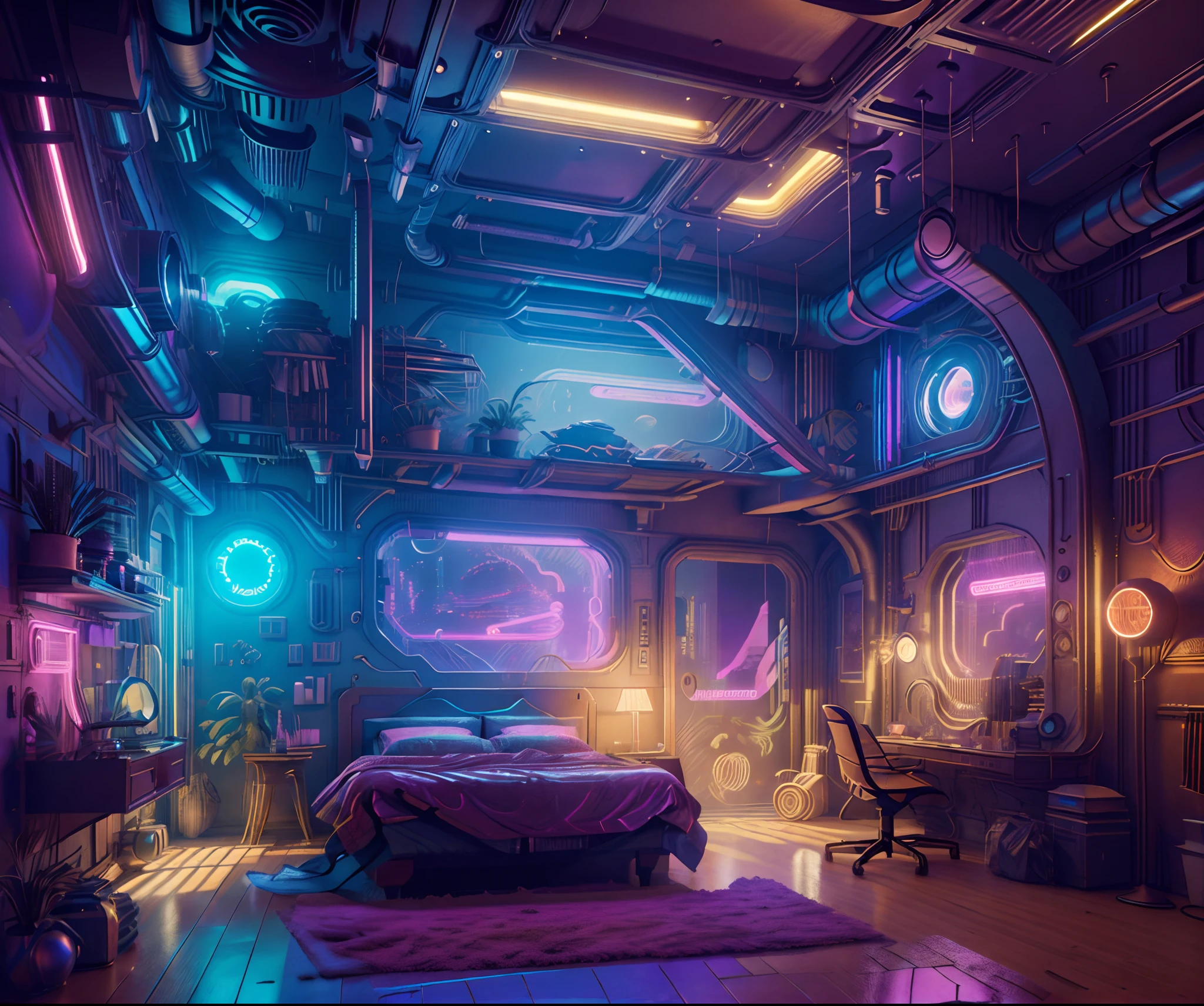 ((masterpiece)), (ultra-detailed), (intricate details), (high resolution CGI artwork 8k), Create an image of a small realistic antique (bedroom) at nighttime with warm and pastel coloring and light. One of the walls should feature a big window with a busy, colorful, and detailed (cyberpunk), synthwave, neon cityscape. The city should have a futuristic style with lots of colors, neon lights, signs, and differently-sized buildings. The cityscape should be extremely detailed with depth of field. The city should have a lot of visual interest with many small details. Utilize atmospheric and ambient lighting to create depth and evoke the feel of a busy futuristic city outside the window. Pay close attention to details like intricate, hires eyes and 90s bedroom accents. Camera: wide shot showing the bed or desk and the window. The window should be the focal point of the image. Lighting: use atmospheric and volumetric lighting to enhance the cityscape details. The room should be illuminated by the neon lights from the cityscape.
