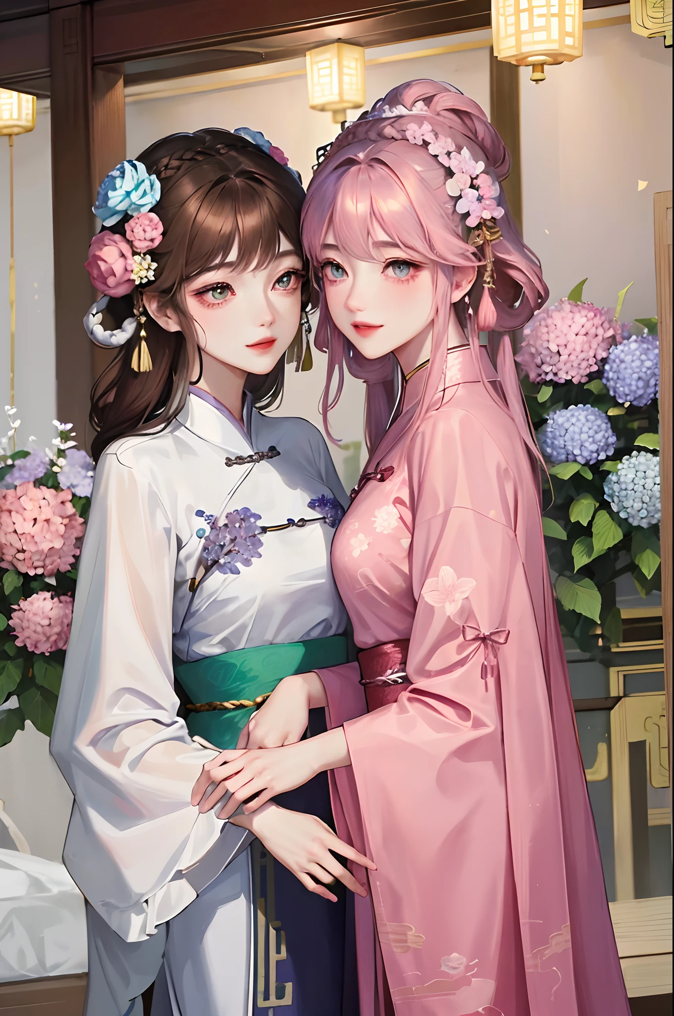 a couple of lesibians,Masterpiece Superb Night Full Moon 1 Female Mature Chinese Style Ancient Chinese Sister Royal Sister Smile Brown Hair Princess Cut Twist Twist Braided Double Pill Head Light Pink Lips, Calm, Intellectual, Middle Hair, Green Pupils, Hairpins, Hydrangeas, Busts
