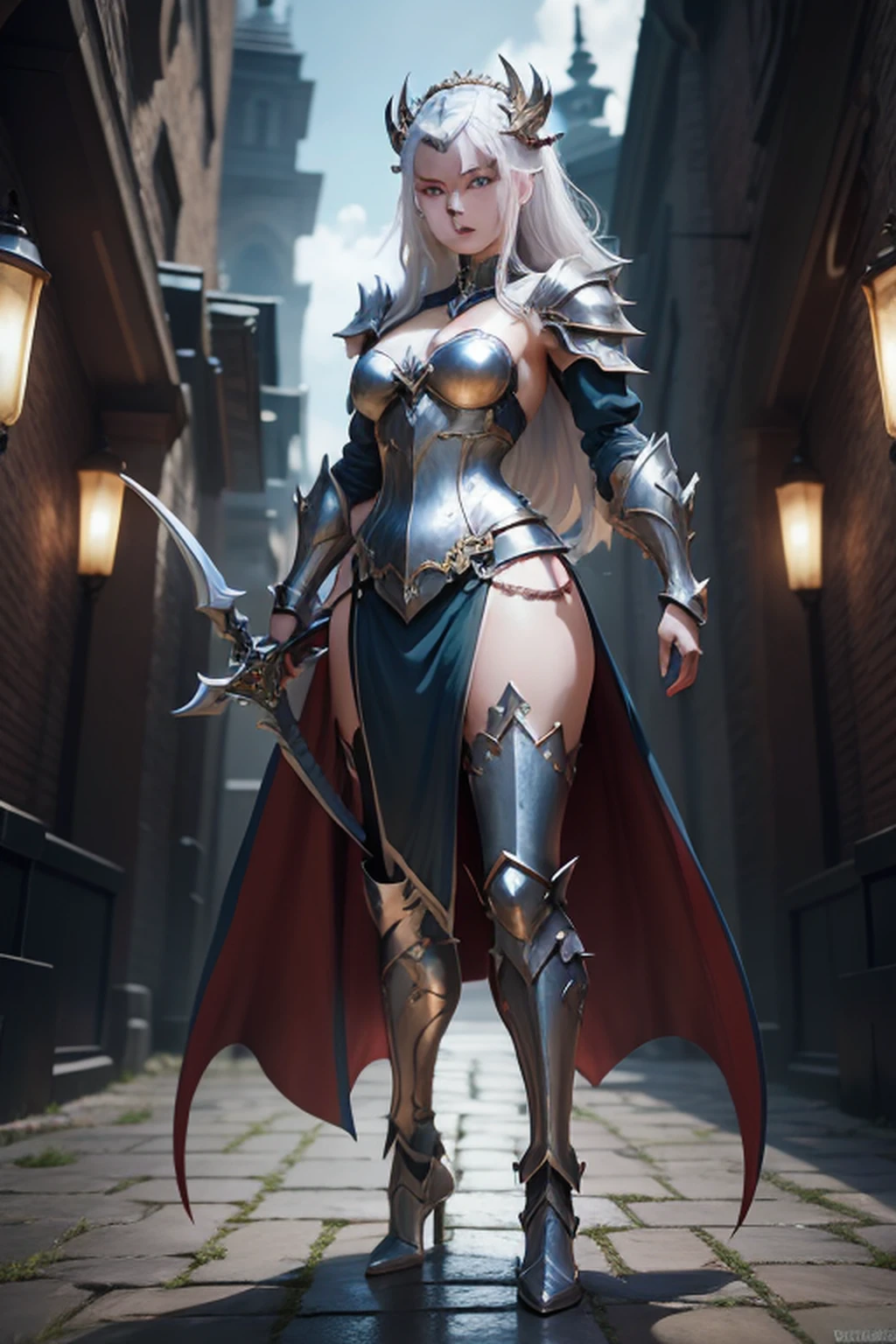 Best quality, highly detailed, masterpiece, ultra-detailed, (Realisticity: 1.2), 1 girl with a sword, slender, fighting stance, very dark night, battlefield, ruins, flames, delicate eyes, fantasy, medieval, silver hair, red eyes, hair_ornament, (white off-the-shoulder shirt: 1.3), hime-cut hair, elf's long ears, crown braids, straight hair, (full body: 1.5), wearing plate armor, fireball,
