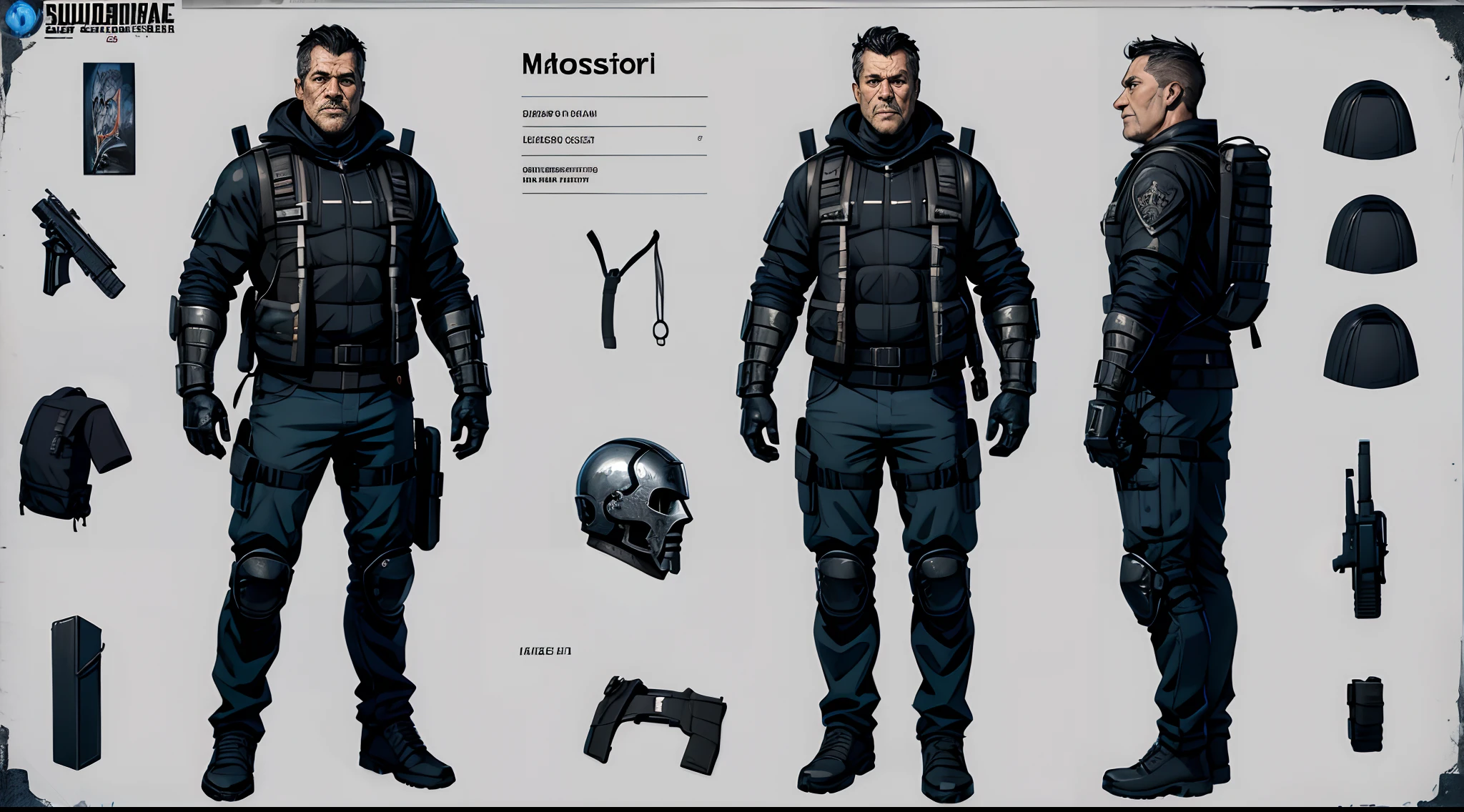 (masterpiece, best quality) detailed, modern character sheet, many items ( the same person, apocalypse survivor, backpack, shutgun) full body shot of a middle aged man, black metal armor