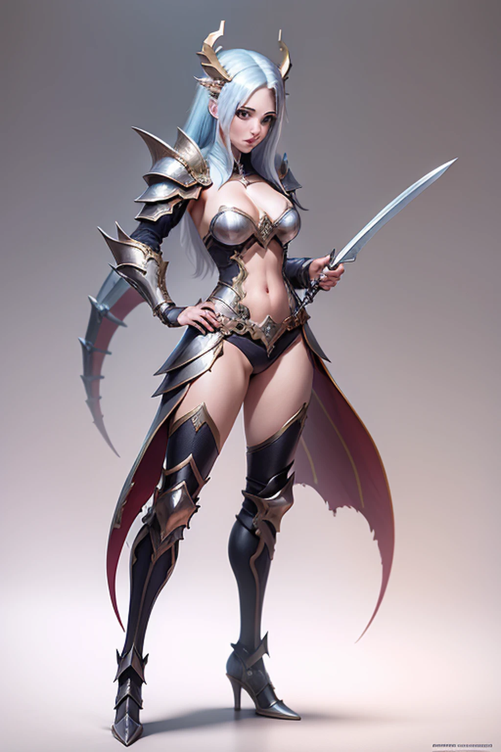 dragolich female character two swords fantasy armor full body fighter queen dragon tamer fantasy action background pose more serious armor real face full body armor