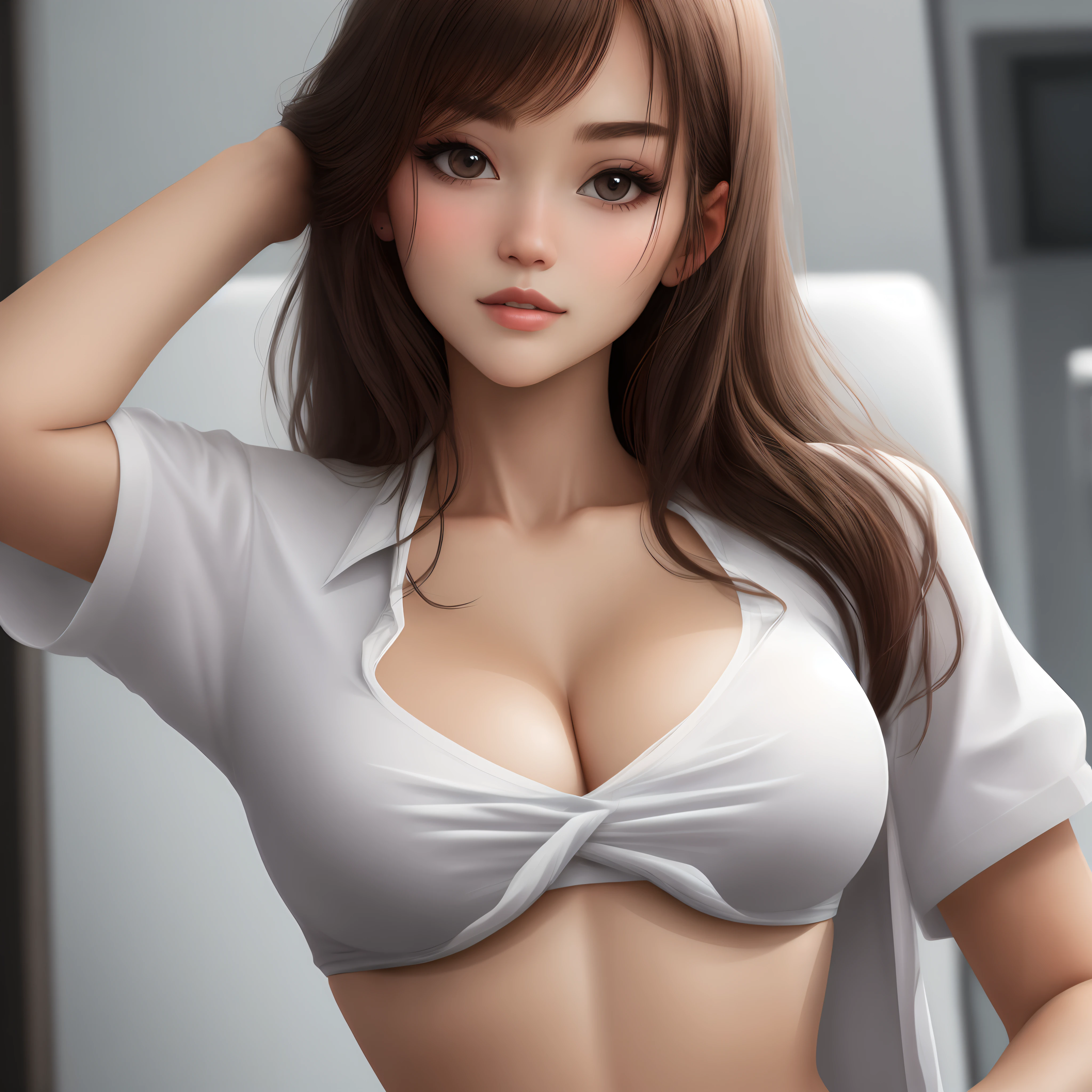Delicate facial features，tmasterpiece，girl，Large breasts，whitet-shirt，seductiv