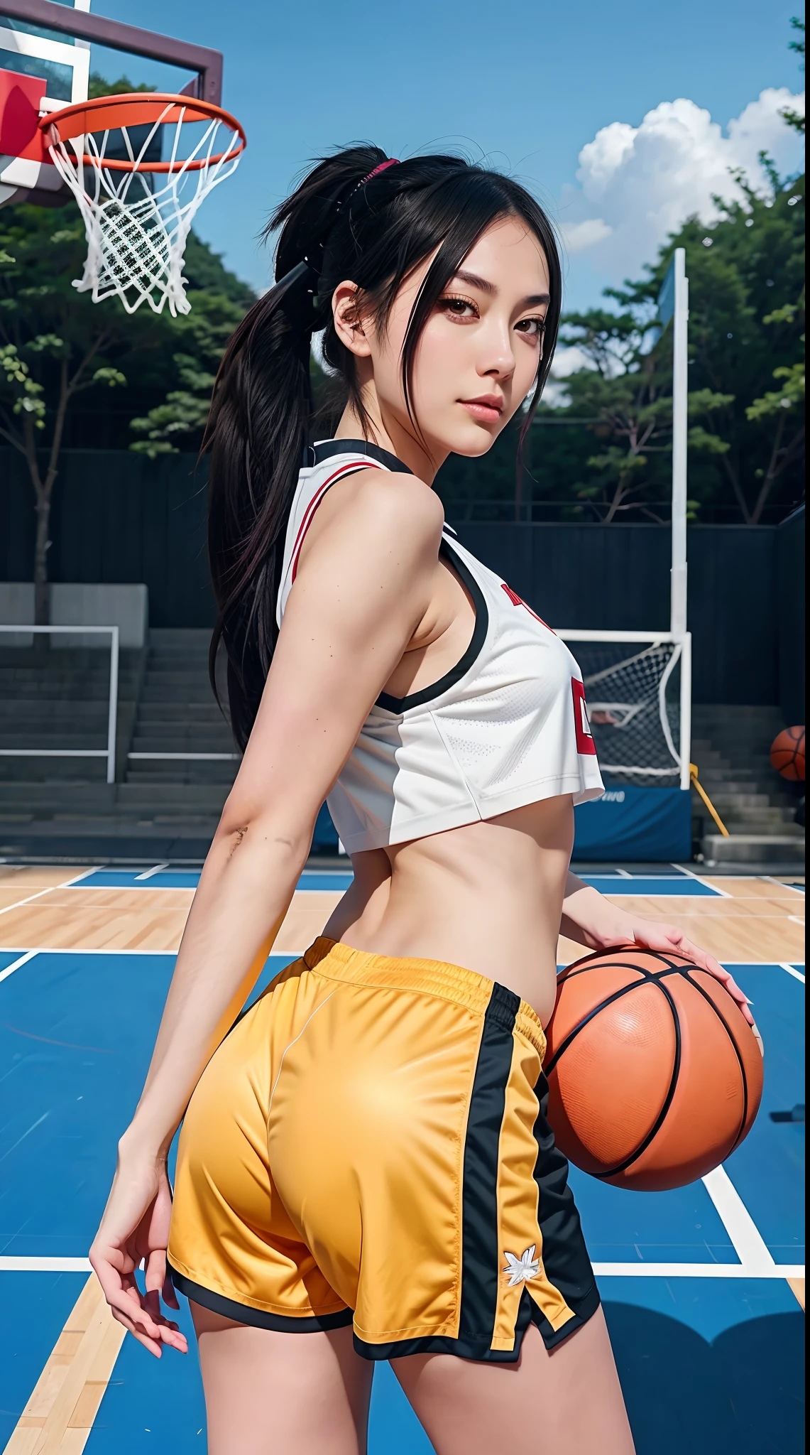 anime girl with ponytail holding basketball ball in front of a basketball hoop, by Yang J, artwork in the style of guweiz, digital anime illustration, trending on cgstation, inspired by Zou Yigui, detailed digital anime art, inspired by Yao Tingmei, guweiz, marin kitagawa fanart, high quality fanart, wearing basketball jersey