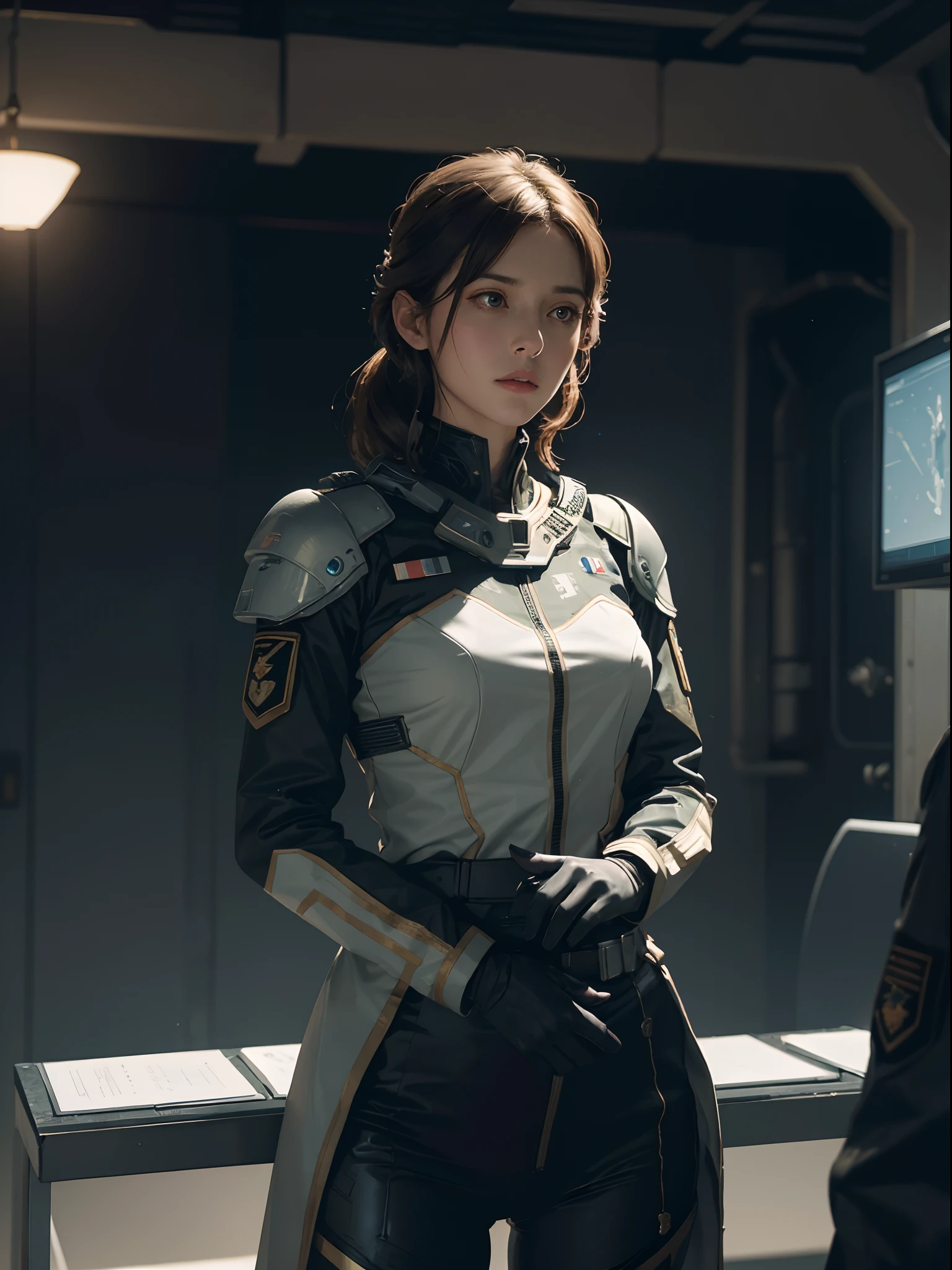 (masterpiece), (best quality), extremely delicate and beautiful, illustration, Army. A sci-fi military general briefing his troops about the plan of attack via hologram message, realistic sci-fi:1.3, special force, 8K post-production, high resolution, hiper detailed, depth of field, HDR, intricate