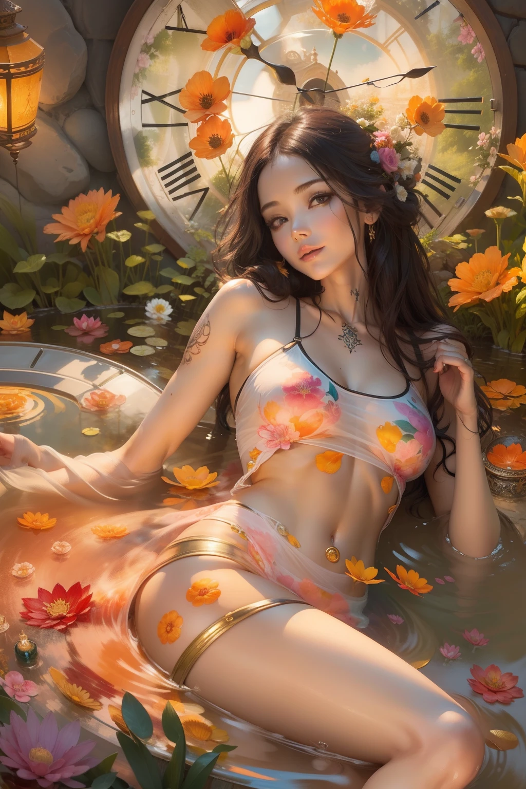 dull body, (masterpiece), best quality, expressive eyes, perfect face,Naked Summer, Full Tattoo, (Masterpiece, Top Quality, Best Quality, Official Art, Beautiful and aesthetic: 1.2), (1 flower), full body, Extremely Detailed, (Fractal Art: 1.3), Colorful, More Detailed , "Best Quality", "Masterpiece, Sakimichan-style art, slight smile, legs open, pubic hair view, 1 sexy girl in transparent forest clothing, exposed breasts, open transparent T-shirt, Mandala and flower tattoos, Best Quality ,black hair fused with platinum and gold, naked girl, visible beautiful pubic area, pink pesons, small breasts in sight, water pond in the garden, mandala and flower tattoos on the naked body, old floating clock, lamp, lantern , skin wet with water, bed floating in pond, beautiful girl lying on bed, fantasy, view from above, open legs, ,  Gorgeous goddess of fire, (Float on fiery orange clouds); Perfect hair, perfect full lips, Delicate and perfect body,  Digital painting, intricately detailed eyes, Colourful, Ink painting, Beautiful watercolor, Realistic, Detailed, fine art, Oil painting, Finely drawn hands; By Artgerm, by Alphonse Mucha, author：Ilya Kuvshinov sty, Paintings by Olga Shvasur, Svetlana Novykova