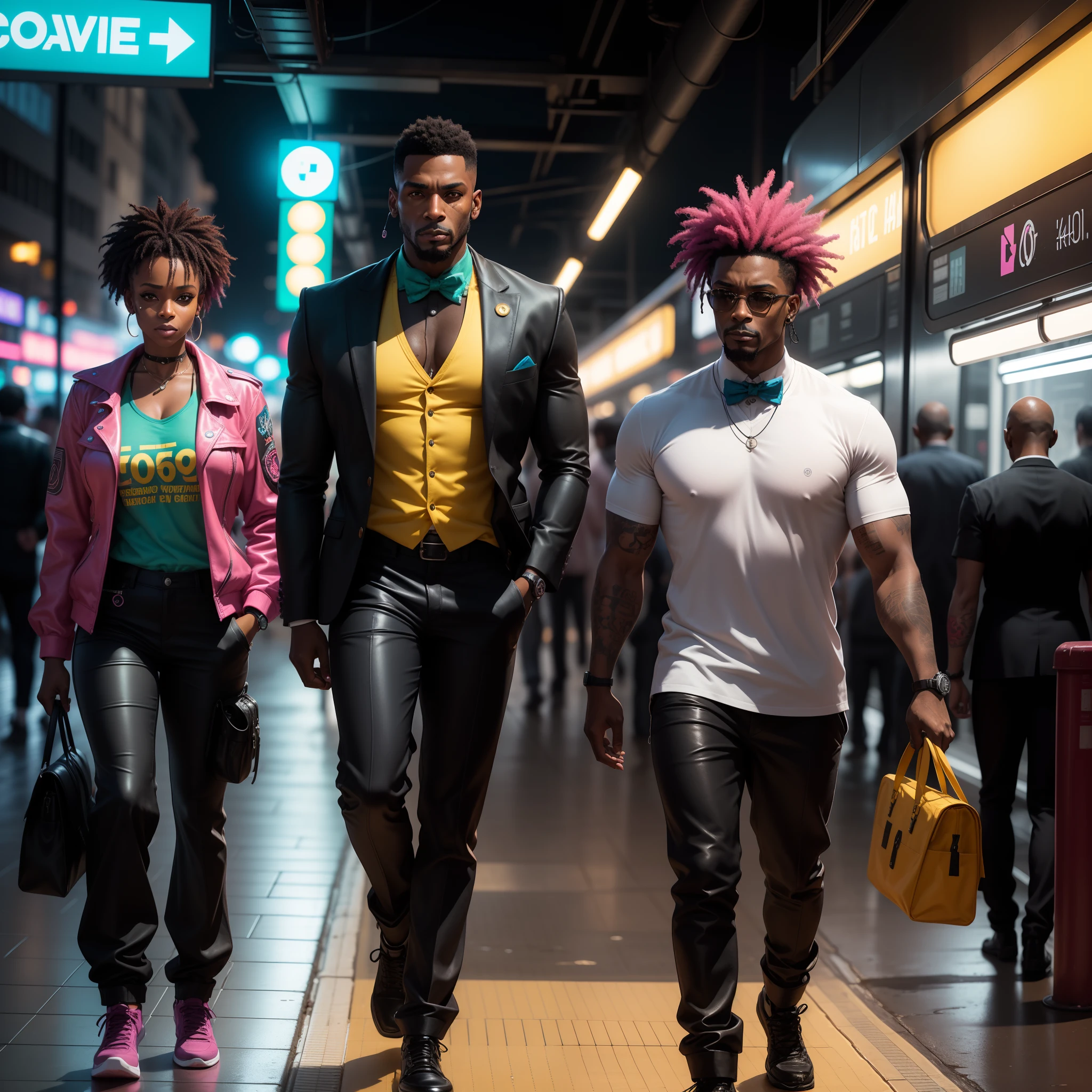 I'd like a cyberpunk style image in 4k average photo of three black characters ,40 anos de idade, africano, forte, musculoso, de pele negra ,com cabelo punk estilo anos 80 na cor amarelo e cinza escuro,muito eLegante,, futurista e estiloso neon , com uma tatuagem super colorida e com neon ,Toattoo, facing a metro station on the platform , with station lights failing in a dimly lit environment, standing dressed in a dark yellow suit with a pink bow tie and baggy shirt.