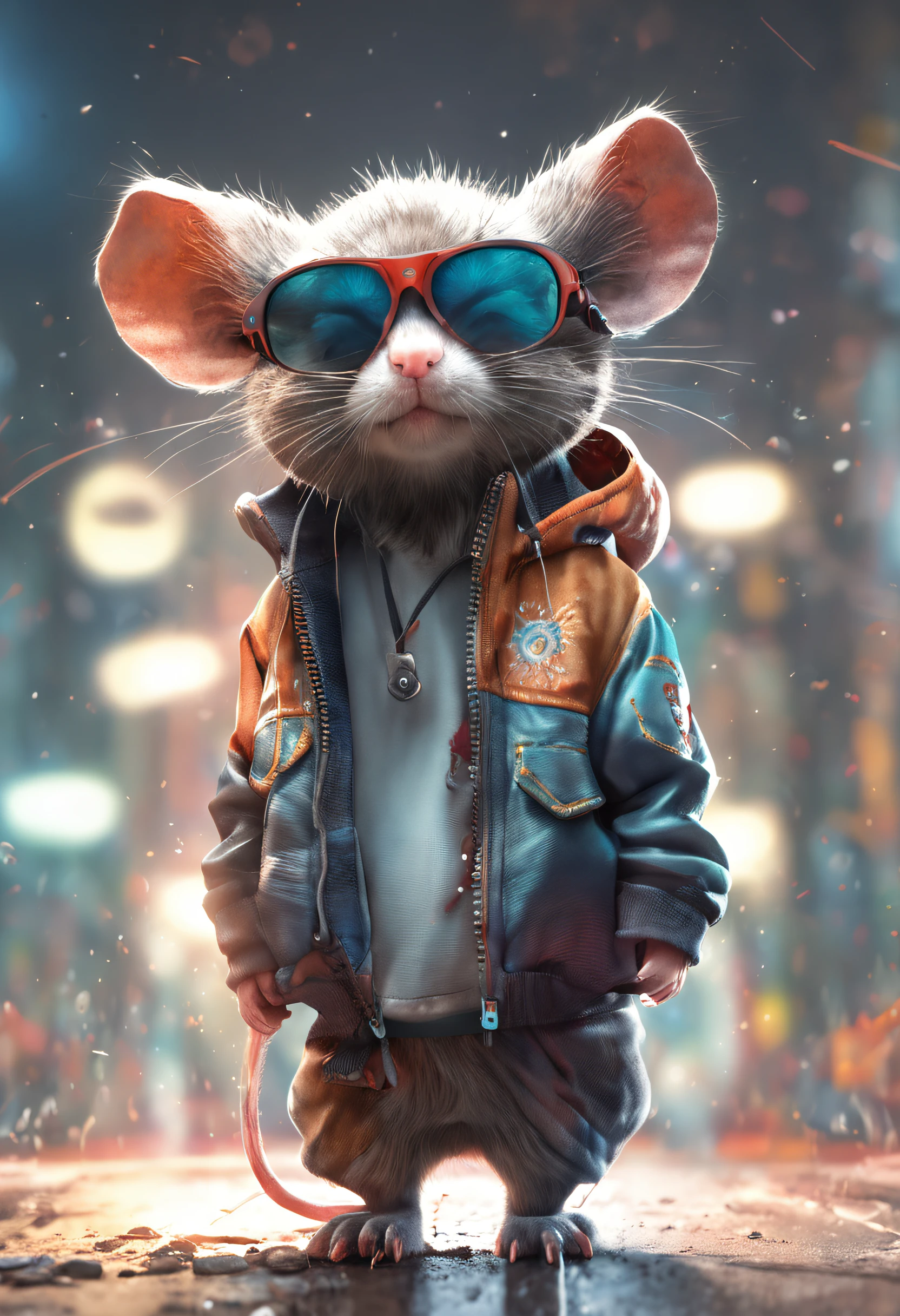 Perfect centering, Cute mouse, Wear a student team jacket, Wearing sunglasses, Wearing headphones, cheerfulness, Standing position, Abstract beauty, Centered, Looking at the camera, Facing the camera, nearing perfection, Dynamic, Highly detailed, smooth, Sharp focus, 8K, high definition resolution, illustration, Art by Carne Griffiths and Wadim Kashin, White background