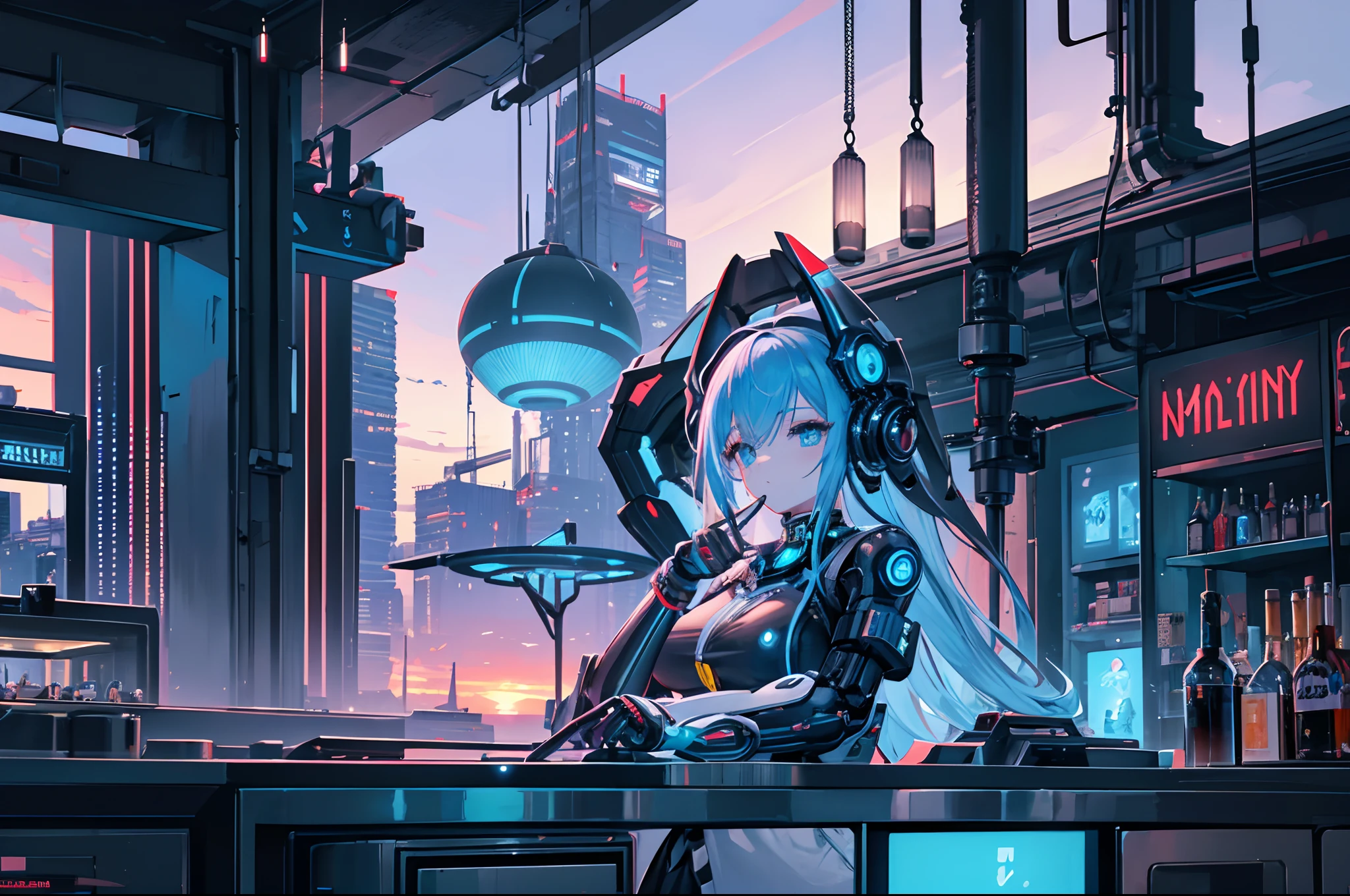 A beautiful artificial mechanical girl, android, working in a bar, black and white dressed. Futuristic decorated bar in a sailing ship terrace, colourful. View to a cyberpunk city. Highly detailed. Sunset, blue hour.