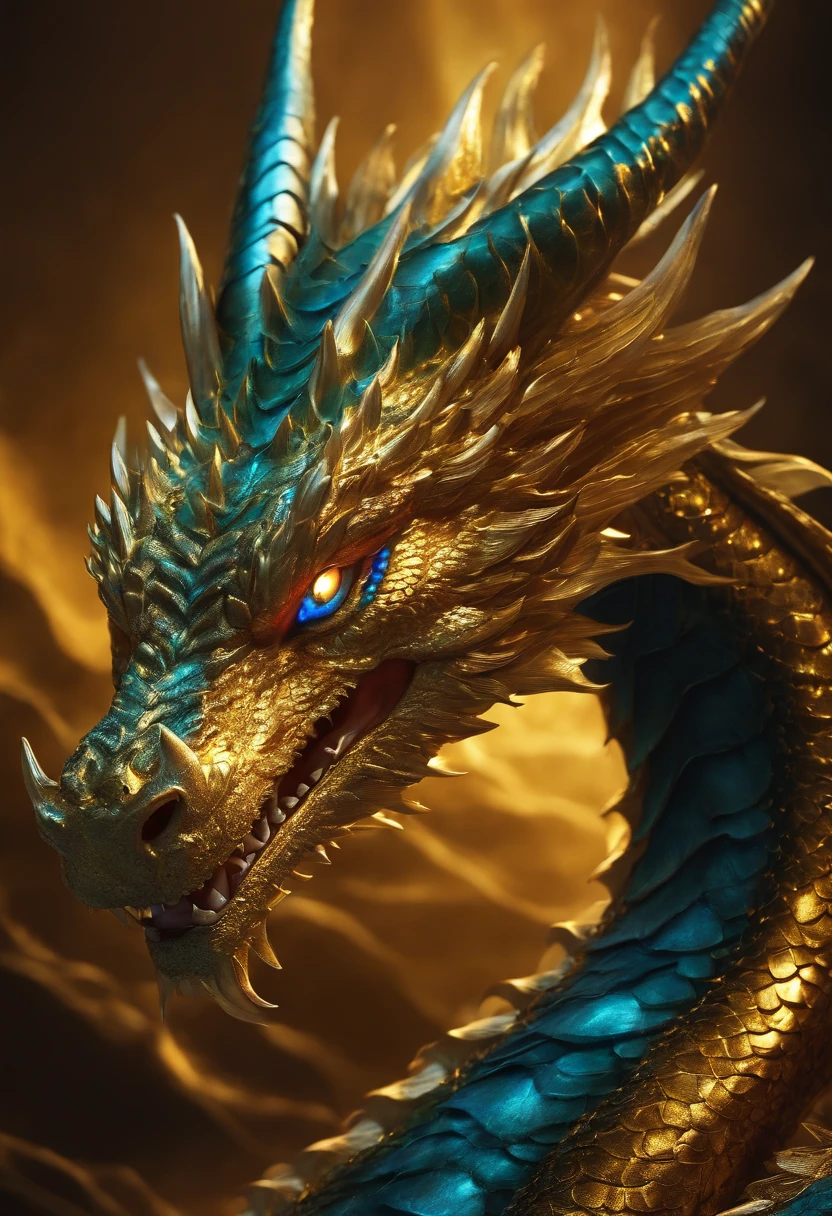 A golden snake with golden veins and edges, in addition to sacred geometries and mystical symbols of golden roses on its black dragon body with golden details with a loving gaze