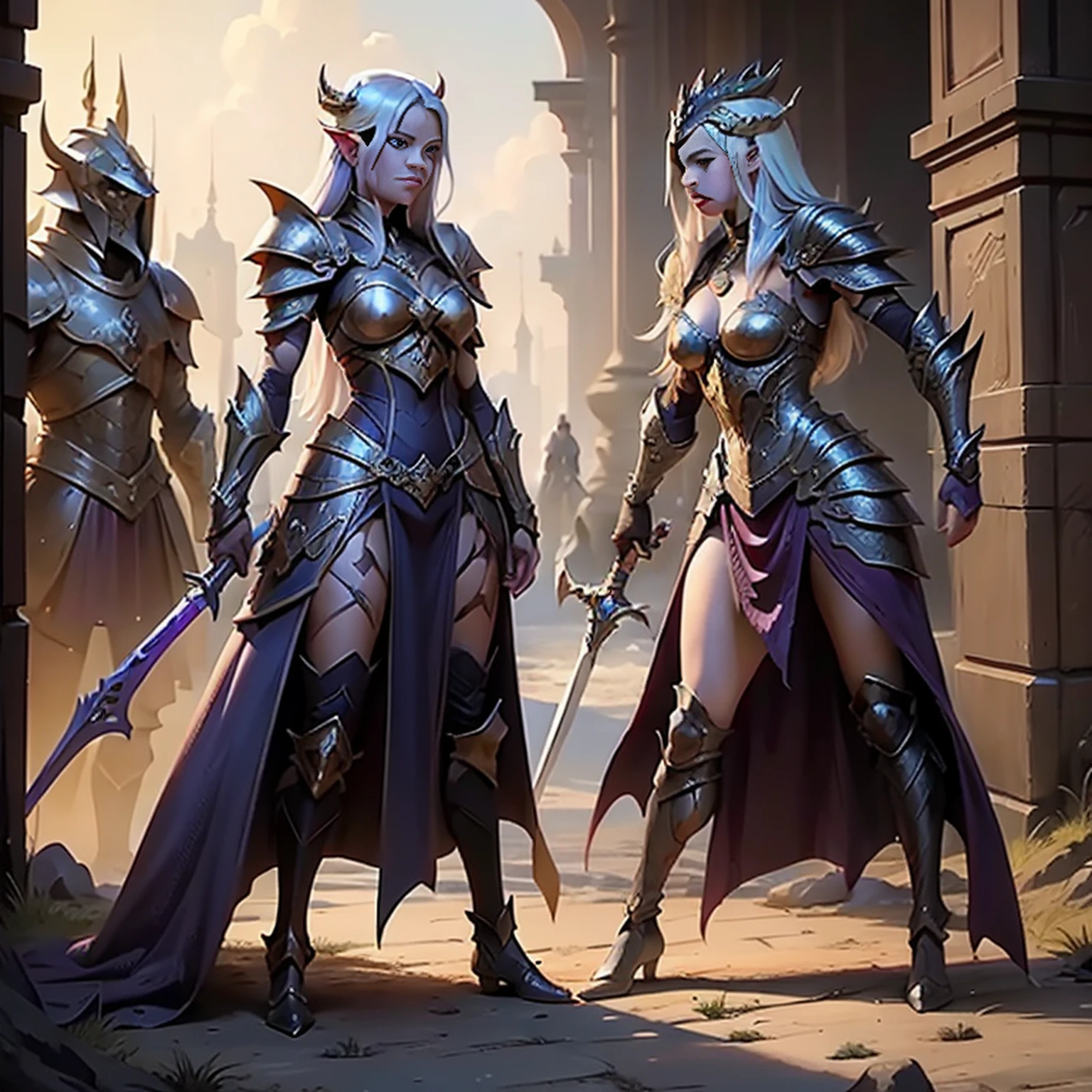 dragolich female character two swords fantasy armor full body fighter queen dragon tamer fantasy action background pose more serious armor real face full body armor