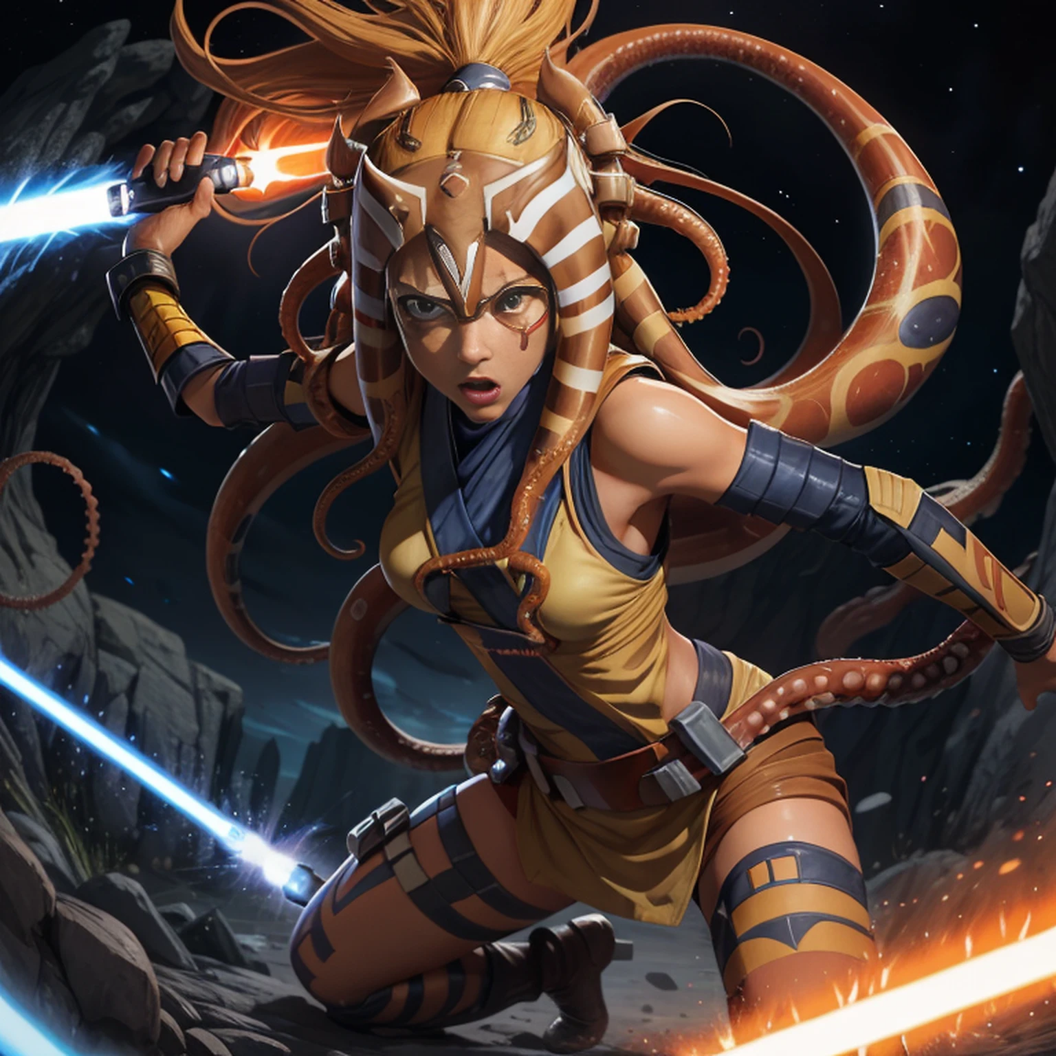 "Create a stunning illustration of Ahsoka Tano in action, with his characteristic white lightsaber and lekkus (tentacles) riding your Jedi prowess in an epic battle arena. Be sure to capture her essence and unique facial expression as she faces a challenge in the Star Wars universe."