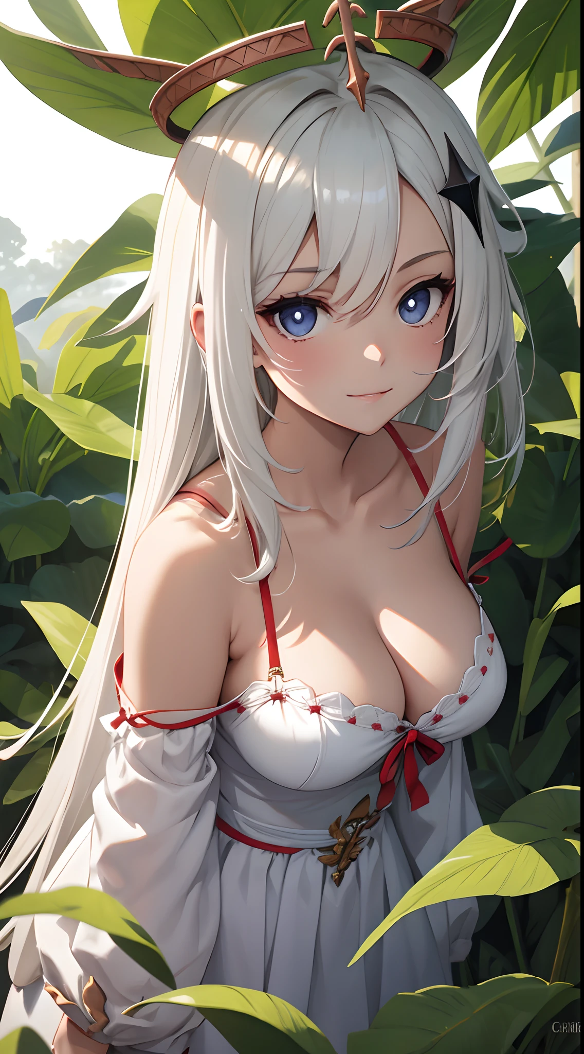 one-girl，Off-the-shoulder attire，The shoulder straps slip off，camisole，the original god，Paimon，Be red in the face，Close-up shot，sportrait，looks into camera，ssmile，White clothes，mediuml breasts，jungles，grassy fields，