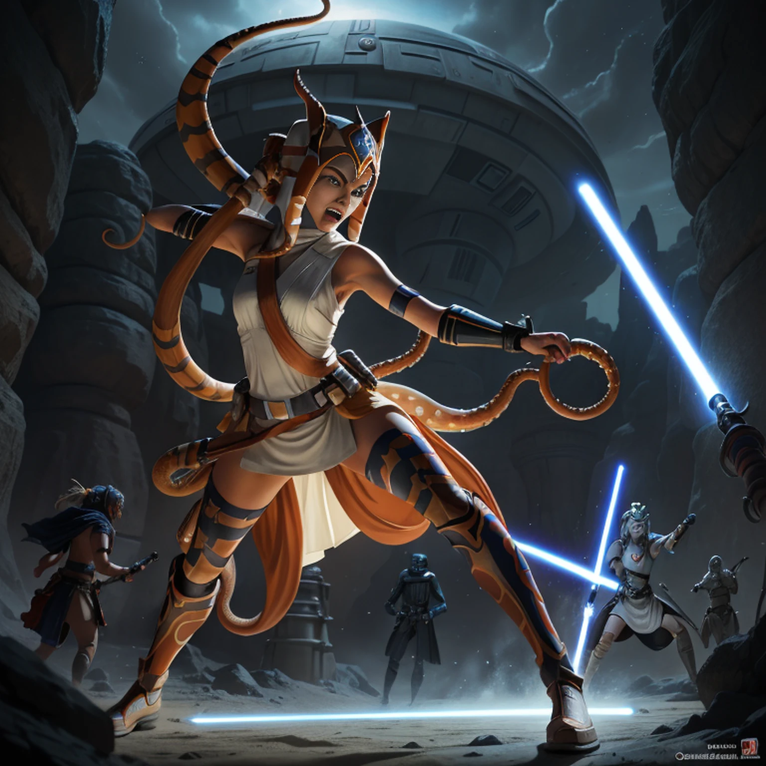"Create a stunning illustration of Ahsoka Tano in action, with his characteristic white lightsaber and lekkus (tentacles) riding your Jedi prowess in an epic battle arena. Be sure to capture her essence and unique facial expression as she faces a challenge in the Star Wars universe."