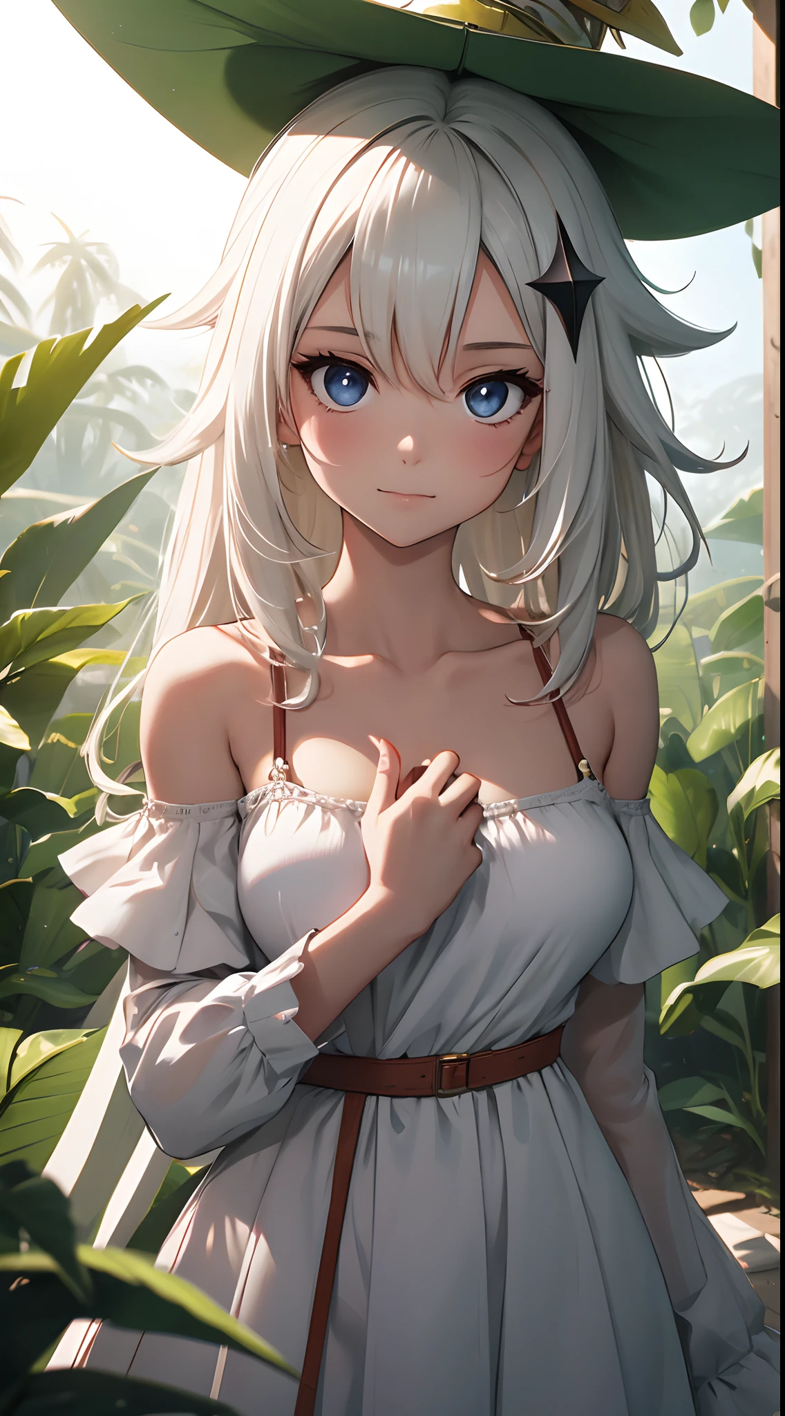 one-girl，Off-the-shoulder attire，The shoulder straps slip off，camisole，the original god，Paimon，Be red in the face，Close-up shot，sportrait，looks into camera，ssmile，White clothes，mediuml breasts，jungles，grassy fields，