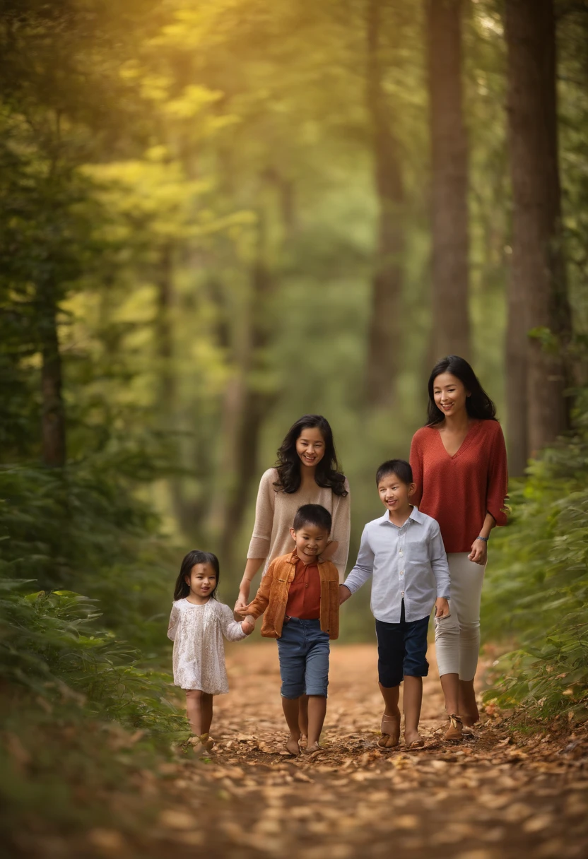 Create a realistic image of a chinese family walking in a forest. Use a Nikon D850 DSLR camera with a 85mm lens at F 1.2 aperture setting to blur the background and isolate the subjects. The forest should have tall trees and soft sunlight filtering through the leaves to create a natural and peaceful environment. Use a personal portrait style to capture the family’s connection and love for nature. credits to tipseason.com. Use the Midjourney v5 with photorealism mode turned on to create an image that captures the family’s joy and happiness.