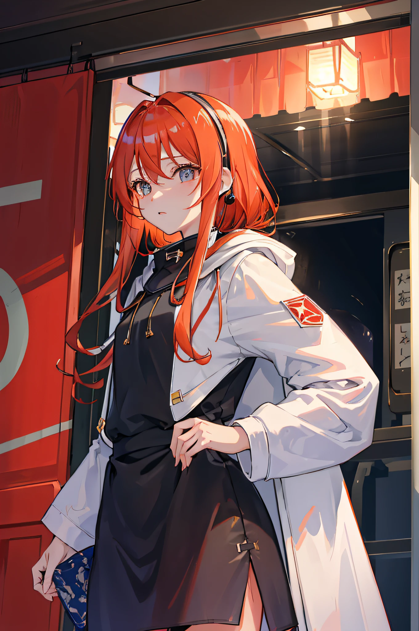 (masuter piece、side lights、ultra-detailliert、inely detailed beautiful eyes: 1.2)、masterpiece、top-quality、1girl in、bags、buliding、 side、headphones、hoods、Hood down、hooded jacket、parka、jaket、The long-haired、orange color hair、profile、redhair、独奏、Train、inside of a car、cowboy shot