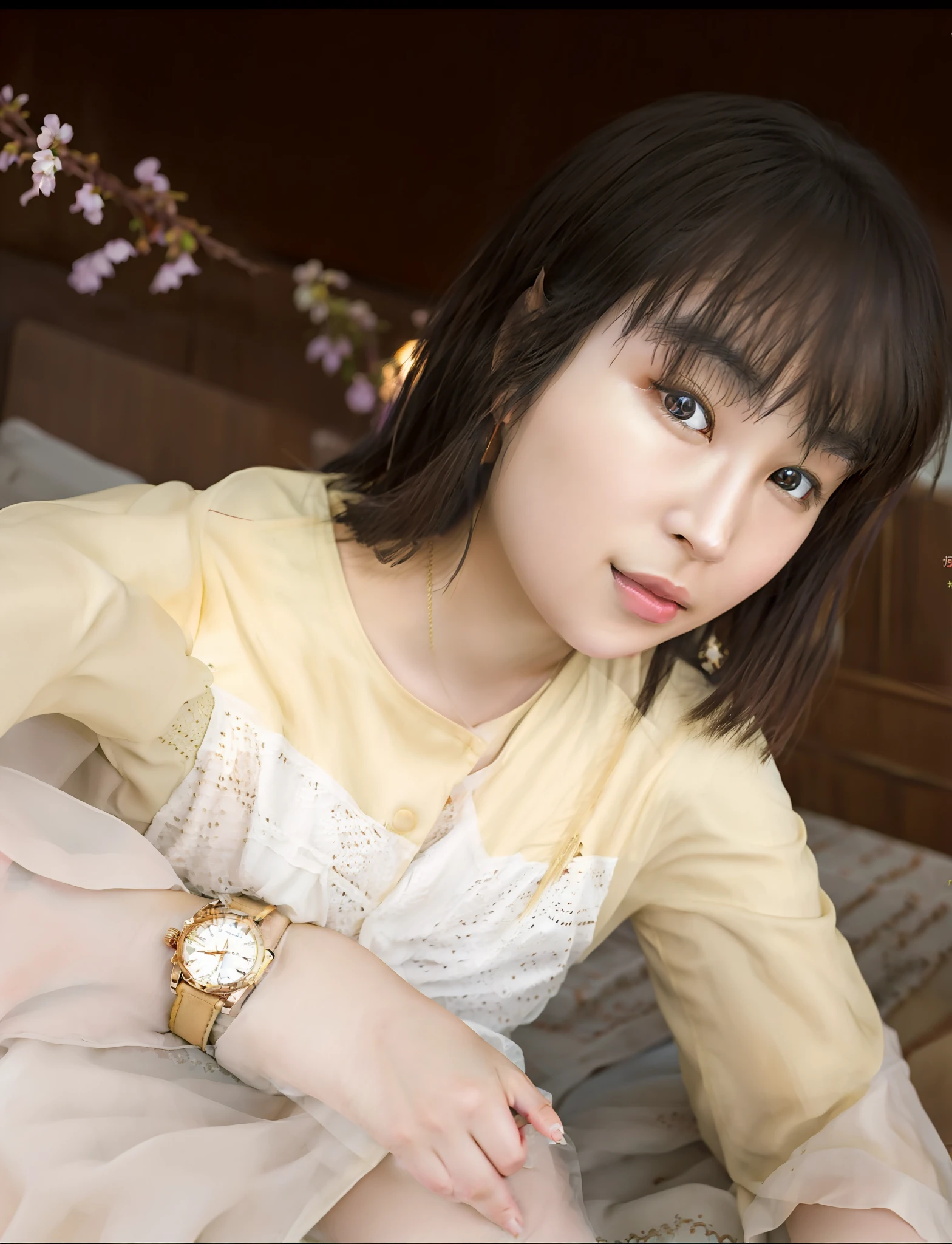 there is a woman that is sitting down with a watch, dang my linh, nivanh chanthara, 19-year-old girl, ruan cute vtuber, very beautiful girl, 18 years old, hoang long ly, lovely woman, young and cute girl, anime thai girl, asian girl, very low quality, sakimi chan