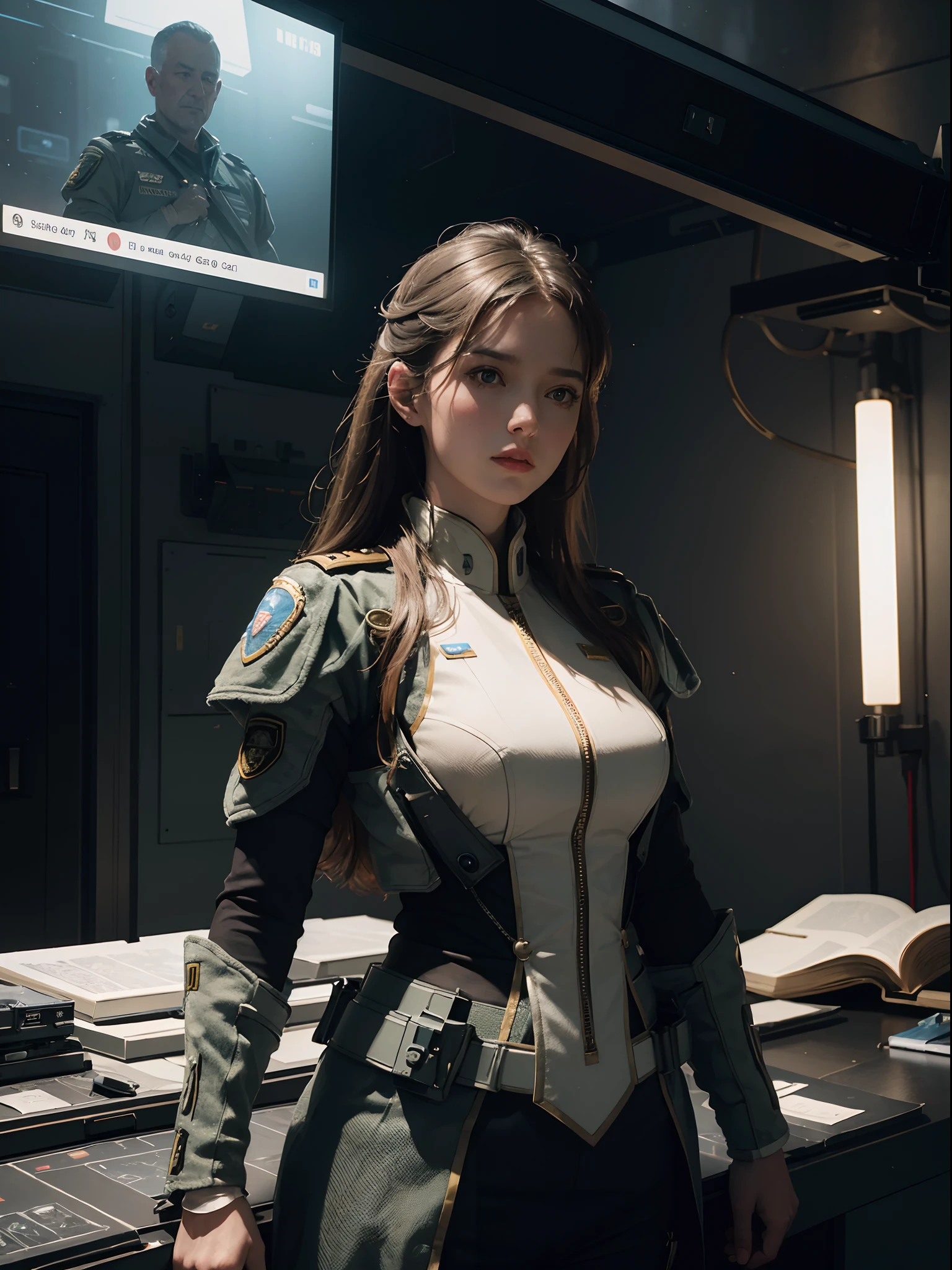 (masterpiece), (best quality), extremely delicate and beautiful, illustration, Army. A sci-fi military general briefing his troops about the plan of attack via hologram message, realistic sci-fi:1.3, special force, 8K post-production, high resolution, hiper detailed, depth of field, HDR, intricate