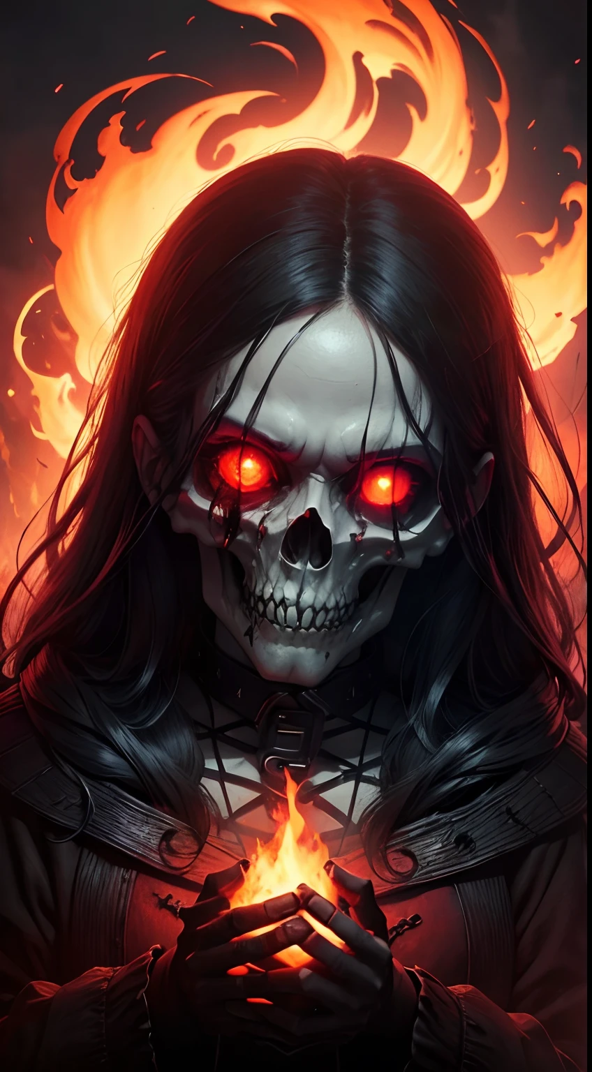 (masterpiece), (image cover), a creepy skull in the sky with dark long hair, its dark, foggy, fire, glowing red eyes, smoke, night time, fall weather, horror, mad, demonic, evil, hell, witch, zombie, dead, decay, vampire, monster
