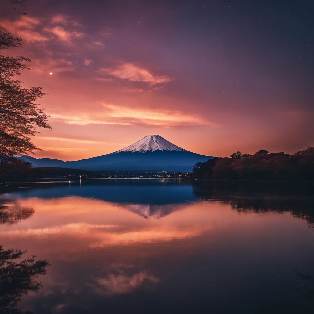 Master Parts、Superior Quality、superior image quality、The 8k quality、Beautiful pictures of the starry sky、magnifica、(Mt fuji:1.25)、dramatic cloud:1.5、evening glow:1.9