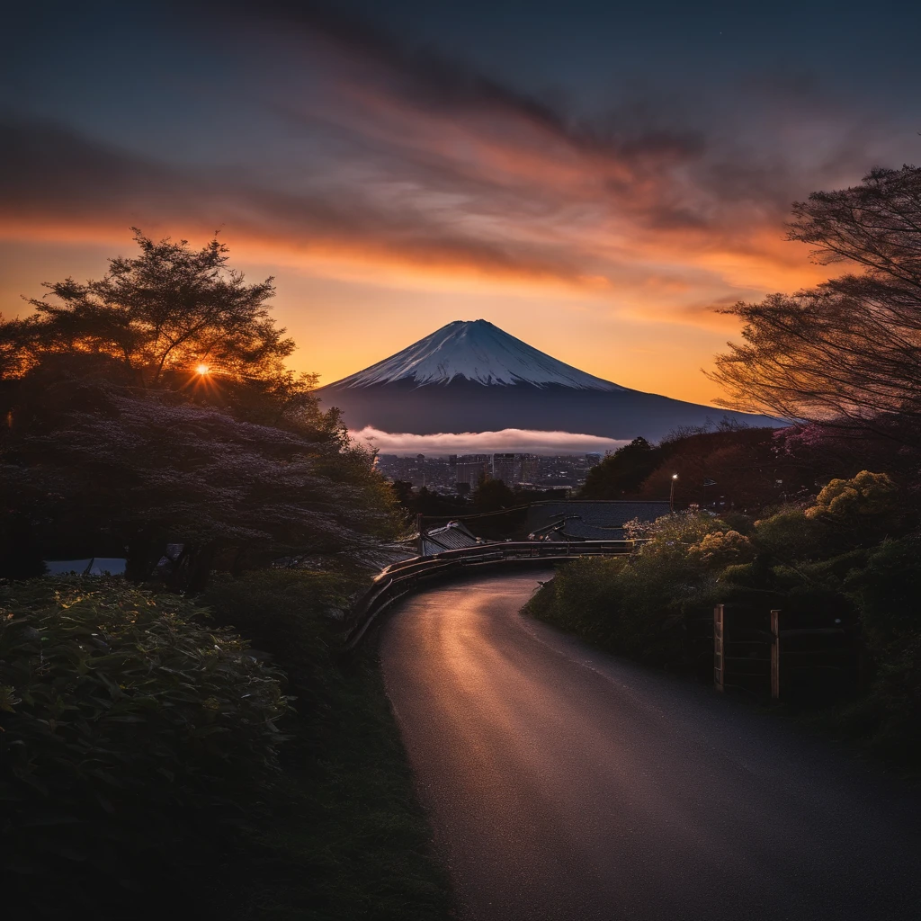 Master Parts、Superior Quality、superior image quality、The 8k quality、Beautiful pictures of the starry sky、magnifica、(Mt fuji:1.25)、dramatic cloud:1.5、evening glow:1.9
