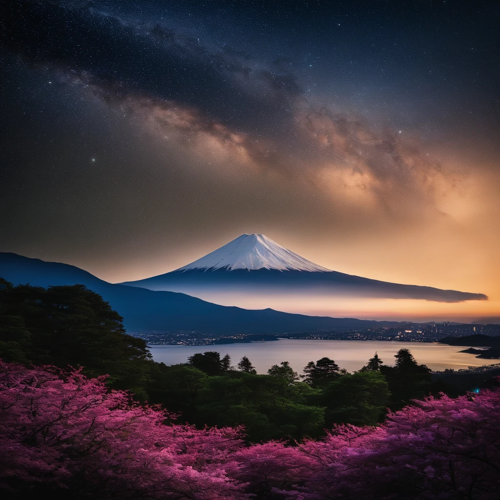Master Parts、Superior Quality、superior image quality、The 8k quality、Beautiful pictures of the starry sky、magnifica、(Mt fuji:1.25)、dramatic cloud:1.5、evening glow:1.9