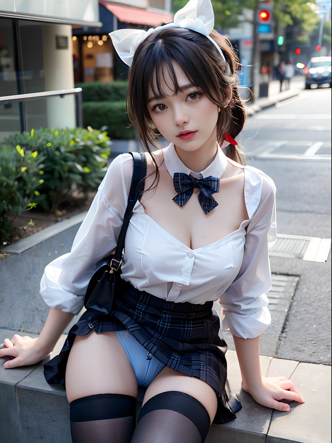 (8K、Raw photography、top-quality、masterpiece:1.2),Black pantyhose,absurderes,a small face,small tits,flat breast,Parting the bangs from the middle、Forehead visible,(Tight eyes,Bullish,skinny,Rasping,irate)、masterpiece,top-quality、超A high resolution,Raw photo,ren,Beautiful fece,One Person, 独奏,eye glass,,Dark look, Same as,fullllbody,Round glasses、cute little、A Japanese Lady,is standing,(Tight eyes,Bullish,skinny,Rasping,irate,)、(Photorealsitic:1.37)、Photon mapping,Light blue ribbon,Realistic、Cute little face,Brown-eyed、Black socks、(Red bow tie)、Radio City、Physically Based Rendering、Foreground、depth of fields、Blurry background、a picture,The girls、Body, Long legs, Thin leg,poneyTail,(Bangs are visible), hair, s lips, Blue_The eye, nosesoft,White shirt, Navy blue and white plaid pleated skirt, Knees are visible,Sheer clothing,, Thigh, Black cotton socks,Nogizaka Idol, 女優, Japanese ido、large boob、large full breasts、Open Shirt、Expose all breasts、cleavage of the breast、How to put out panties、fully body photo、Bare、Crouch Panty Shot、Sheer、Pull up your skirt