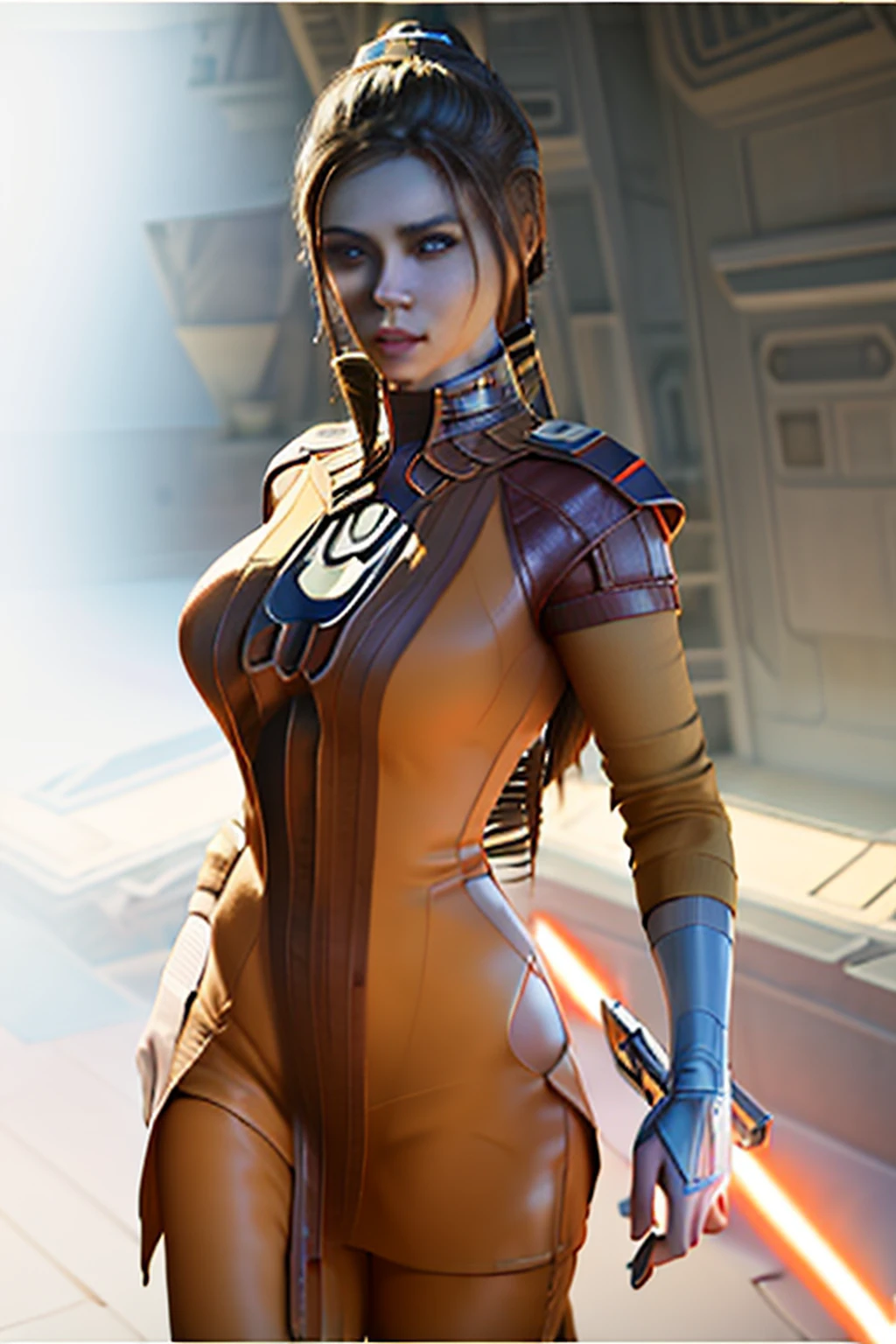 ((character concept art)), ((character design sheet, same character)),(full body view), (adult MILF), Tall stature, little chest, closed mouth, brasilian appearance: brown eyes; brown hair; sharp facial features; dimple on the chin; Straight nose; high nose; pronounced high cheekbones; high forehead, stands upright, oiled skin, plump physique, (gigantic breasts:1.2), wide hips, brasilian butt, huge legs, big tighs, detailed face, ((black bodysuit)).