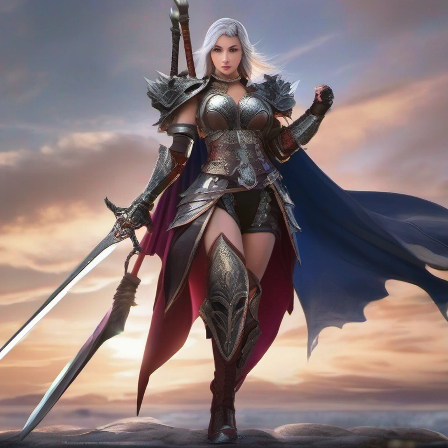 dragolich female character two swords fantasy armor full body fighter queen dragon tamer fantasy action background pose more serious armor real face full body armor